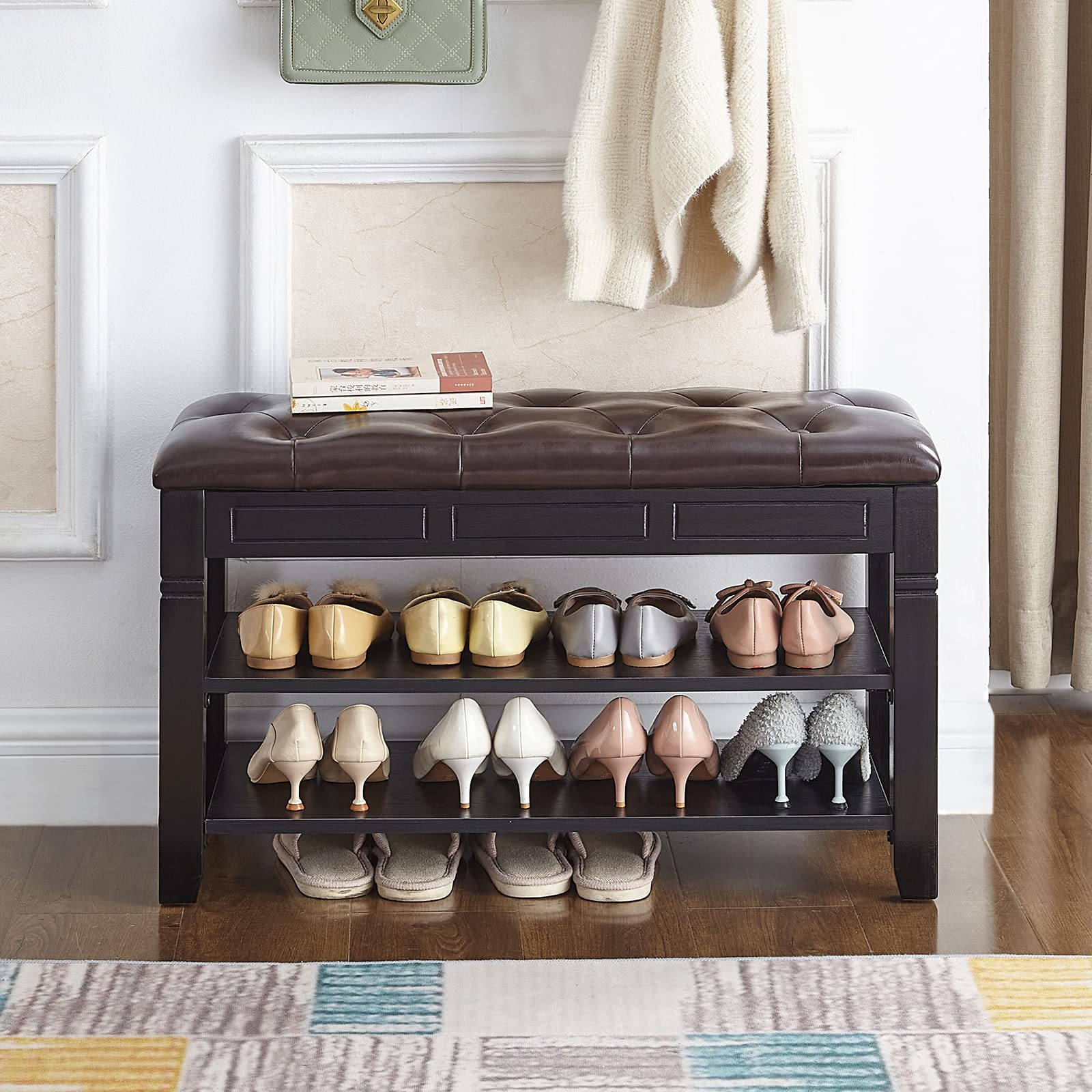 Solid Wood Shoe Storage Bench with Cushion - 31.5