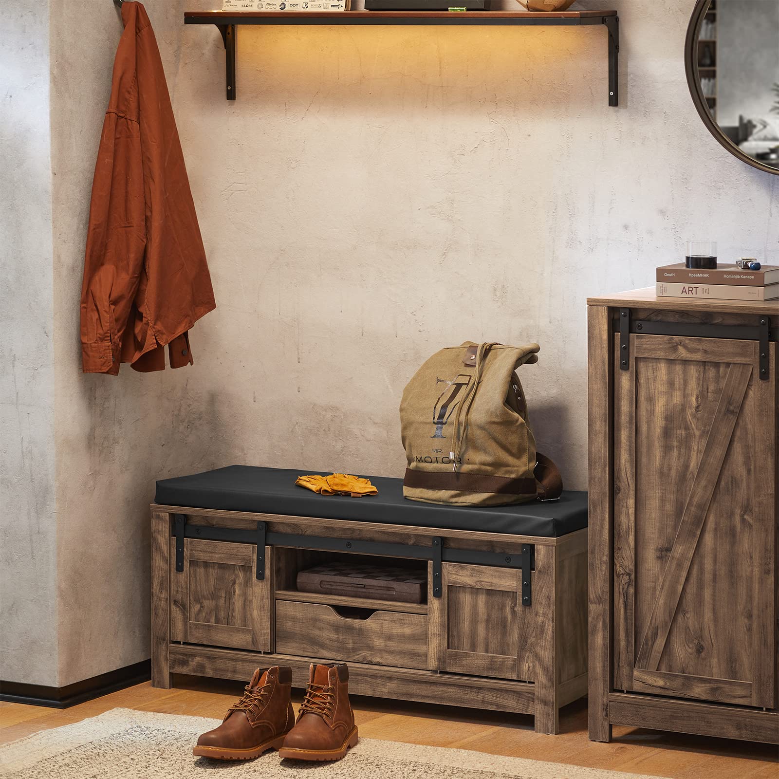 Haotian Industrial Style Shoe Storage Bench with Sliding Barn Doors - Entryway Hallway Shoe Cabinet with Drawer & Padded Seat Cushion - Rustic Window Bench for Mudroom, Living Room or Bedroom - Brown (FSR118-N)