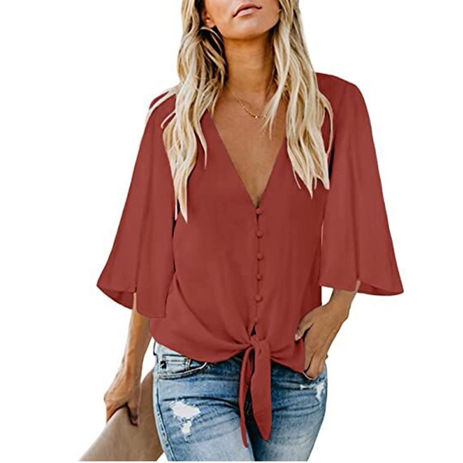 Women's Summer Button Down Shirts - Tie Knot Front Tops with 3/4 Batwing Sleeve & Boho Floral Print - Oversized T-Shirts for Casual Wear, Beach Outfits and Boho Fashion