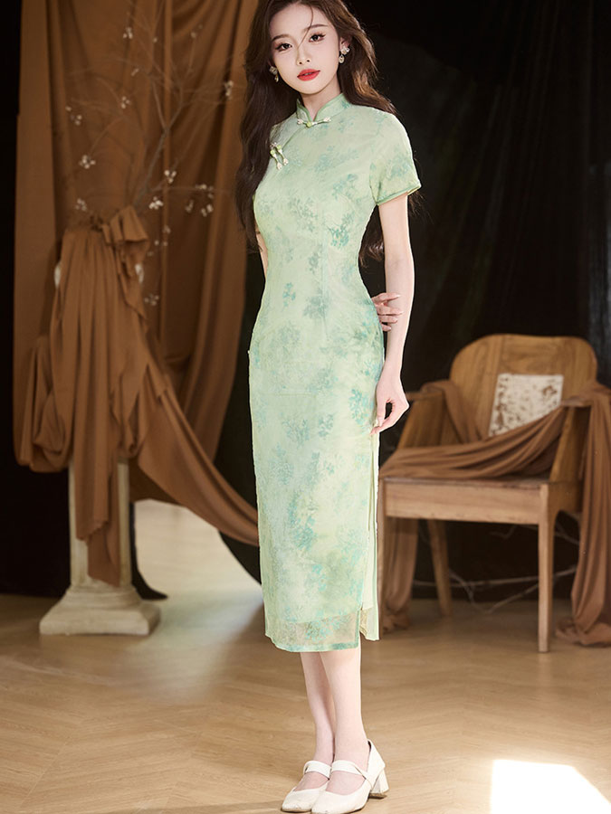 Elegant Pink and Green Jacquard Velvet Cheongsam Qipao Dress for Women | Traditional Chinese Style Evening Gown | Perfect for Weddings, Parties, and Special Occasions