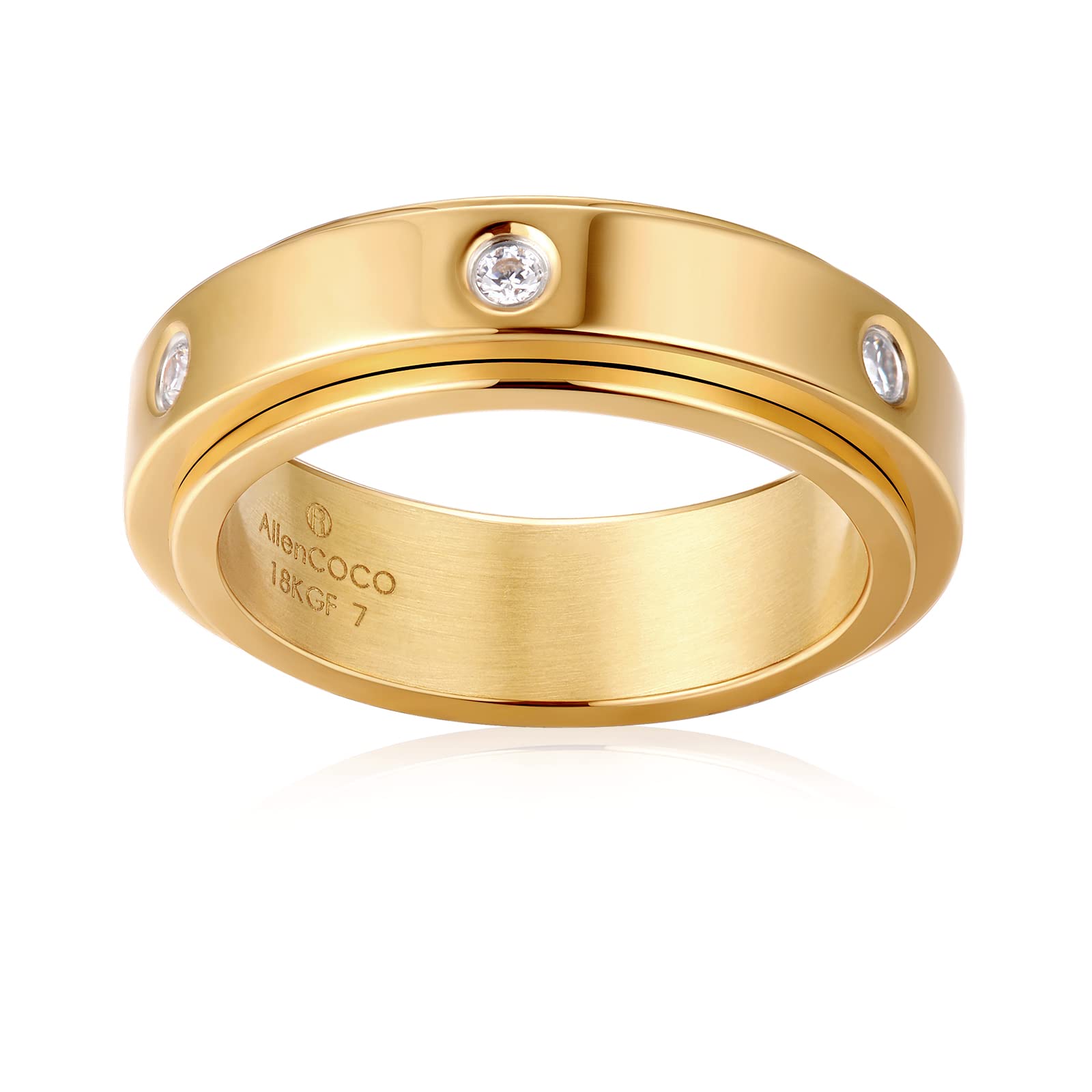 AllenCOCO 18K Gold Plated Cubic Zirconia Spinner Ring - Anxiety Relief Fidget Ring for Women & Men, Stainless Steel Unisex Band Jewelry - Perfect for Stress Relief, Office Work, and Everyday Wear