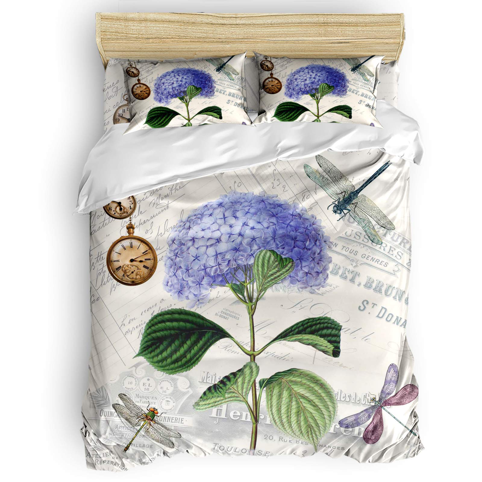 Vintage Purple Hydrangea Dragonflies Floral Duvet Cover Set - 4 Piece Twin Size Bedding for Kids & Adults - Soft Quilt Cover for Bedroom Decor - Perfect for Spring & Summer Home Styling