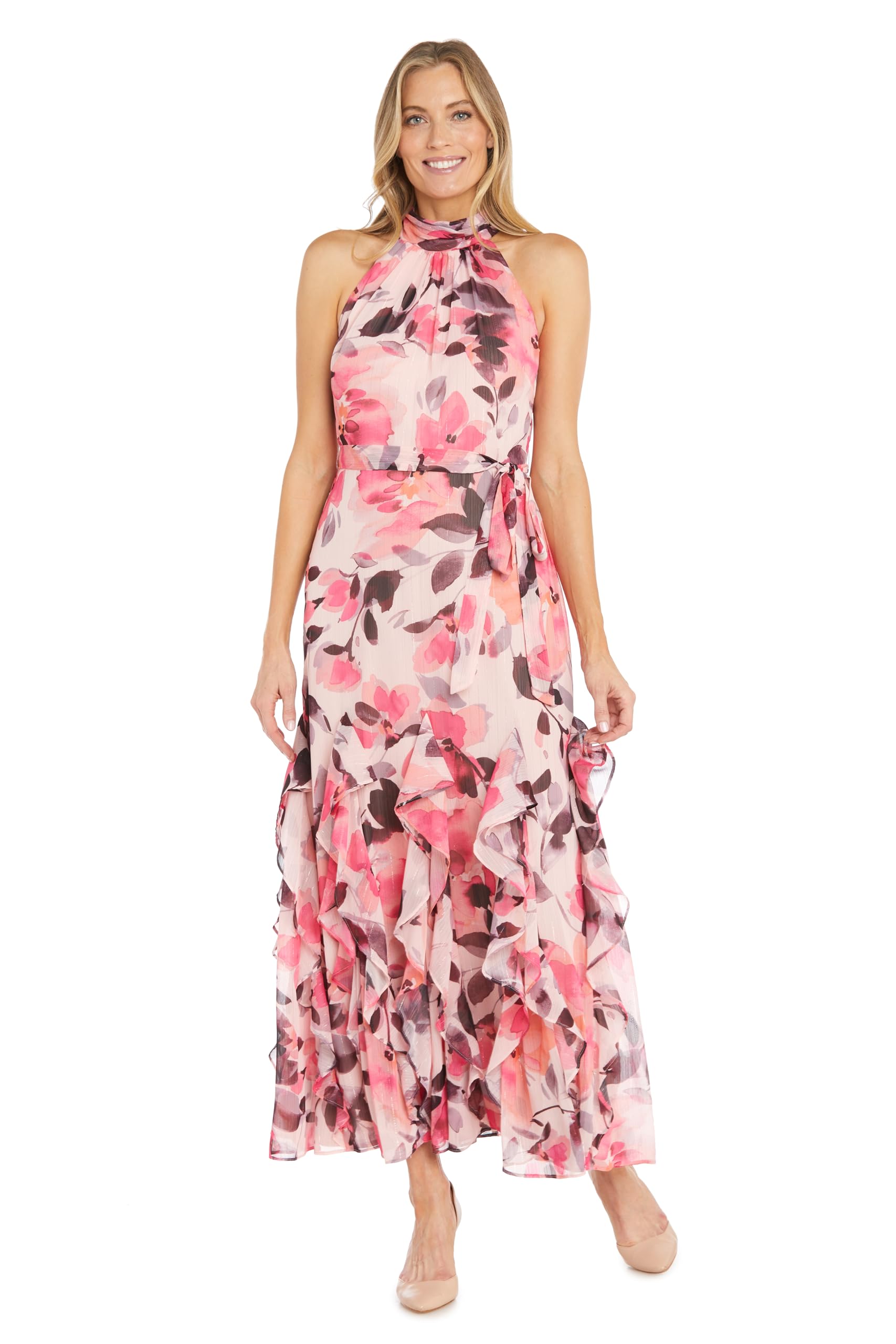 Blush Coral Floral Maxi Dress with Halter Neck & Ruffle - Summer Beach Wedding, Vacation, Boho Chic Outfit for Women