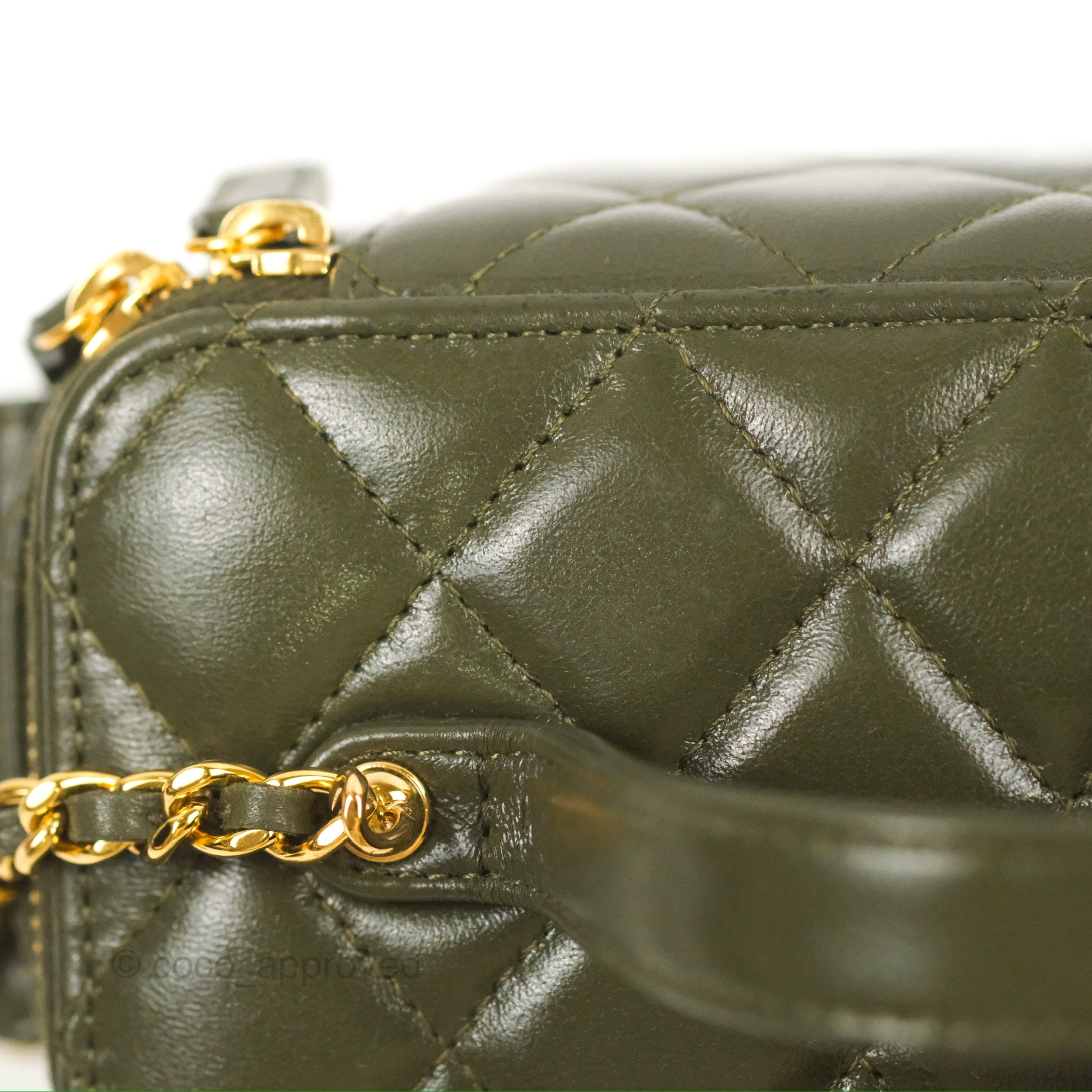 Chanel 22K Khaki Green Lambskin Cargo Pocket Top Handle Vanity Bag with Chain - Luxury Crossbody Purse for Women, Perfect for Date Night & Evening Events