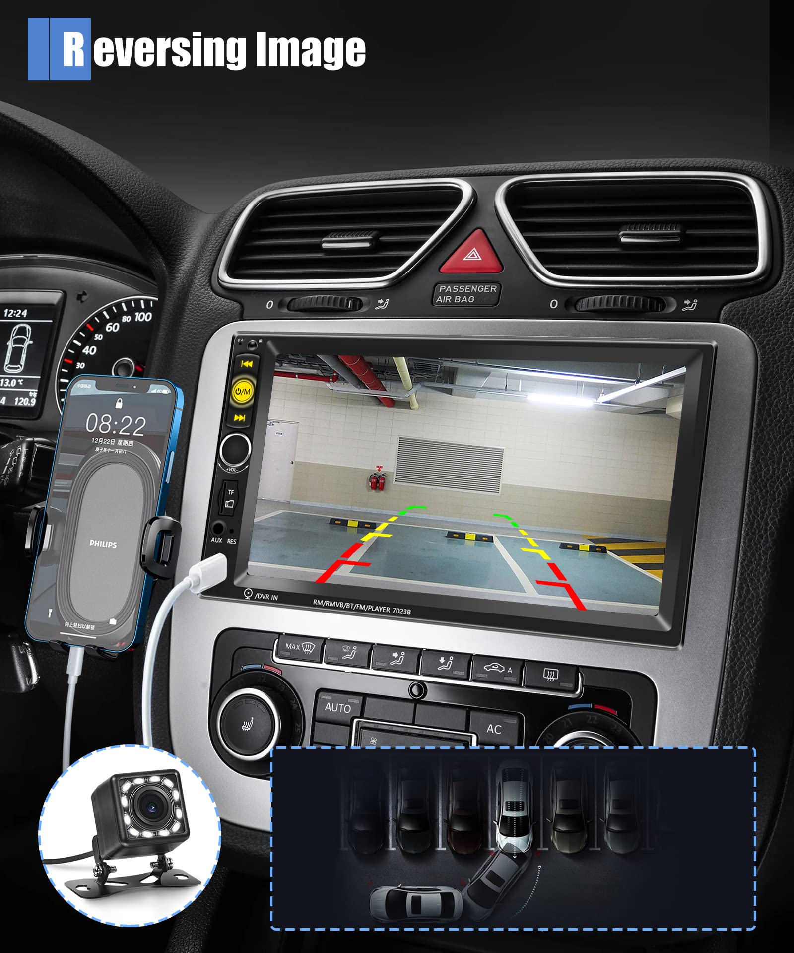 7 Inch Double Din Touch Screen Car Stereo with Bluetooth, FM Radio, Mirror Link, USB & Steering Wheel Control - Compatible with Backup Camera | Perfect for Upgrading Your Car Audio System & Hands-Free Calling