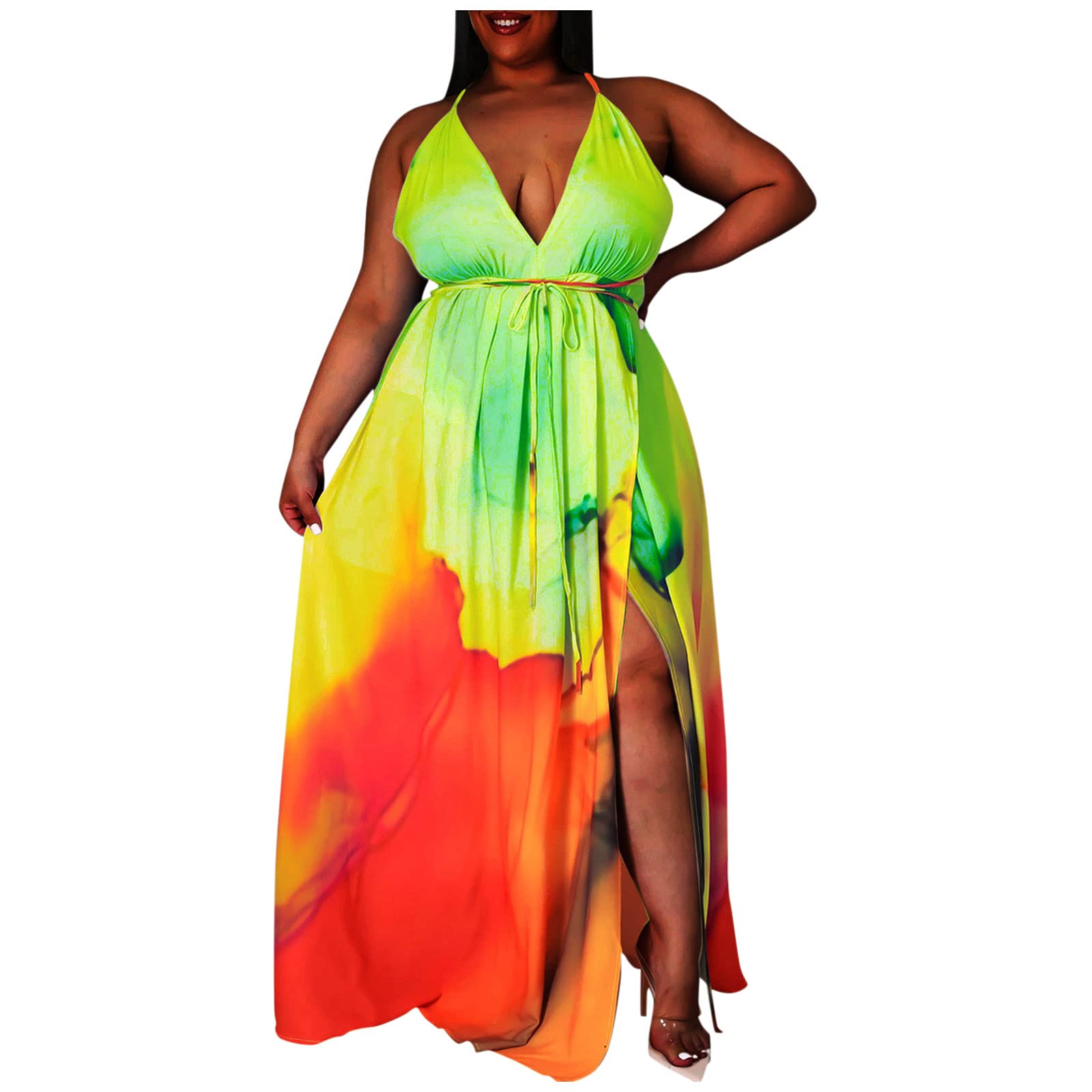 Sexy Plus Size Backless Maxi Dress with V-Neck & Loose Sling - Floral Print Women's Summer Dress for Beach, Party & Date Night