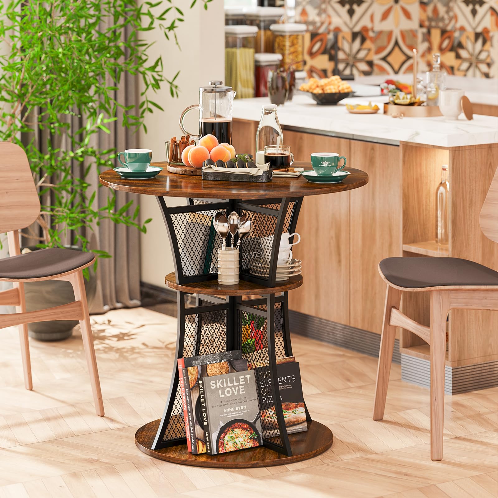 Elephance Round Dining Table with 2-Tier Metal Frame & Storage Shelves - Kitchen Bar Table, Coffee Table for Living Room & Dining Room - Perfect for Small Spaces, Breakfast Nooks & Modern Home Decor