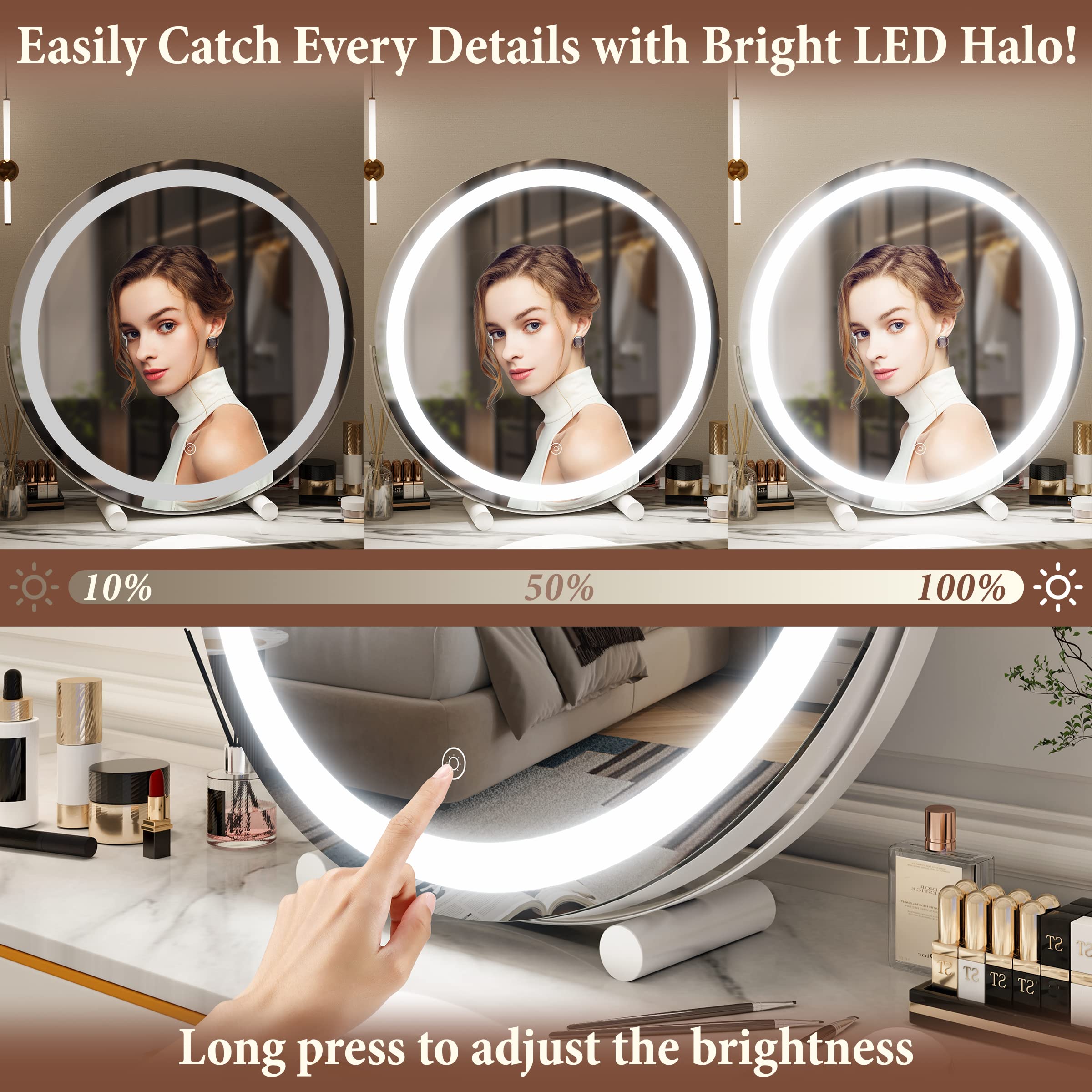 FENNIO 18 Inch Large LED Vanity Mirror with Touch Screen - 3 Color Dimmable Lighting, Round Lighted Makeup Mirror for Vanity Desk, Bedroom, Dressing Room & Professional Makeup Application