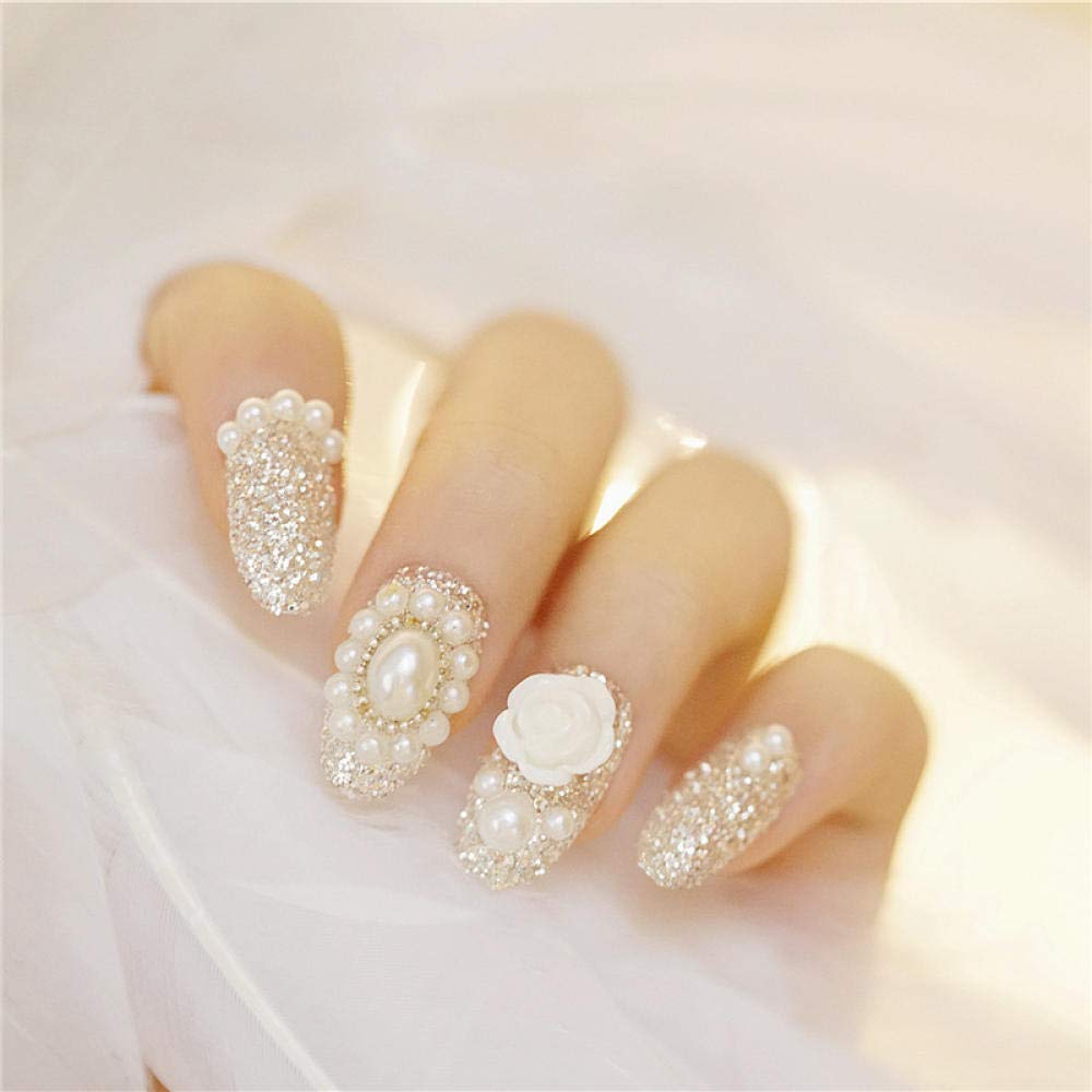 24PCS HUJL False Nails Set - Round Silver Fake Nails with White Flower Pearl Applique for Bridal Wedding, Manicure, Party & Special Occasions