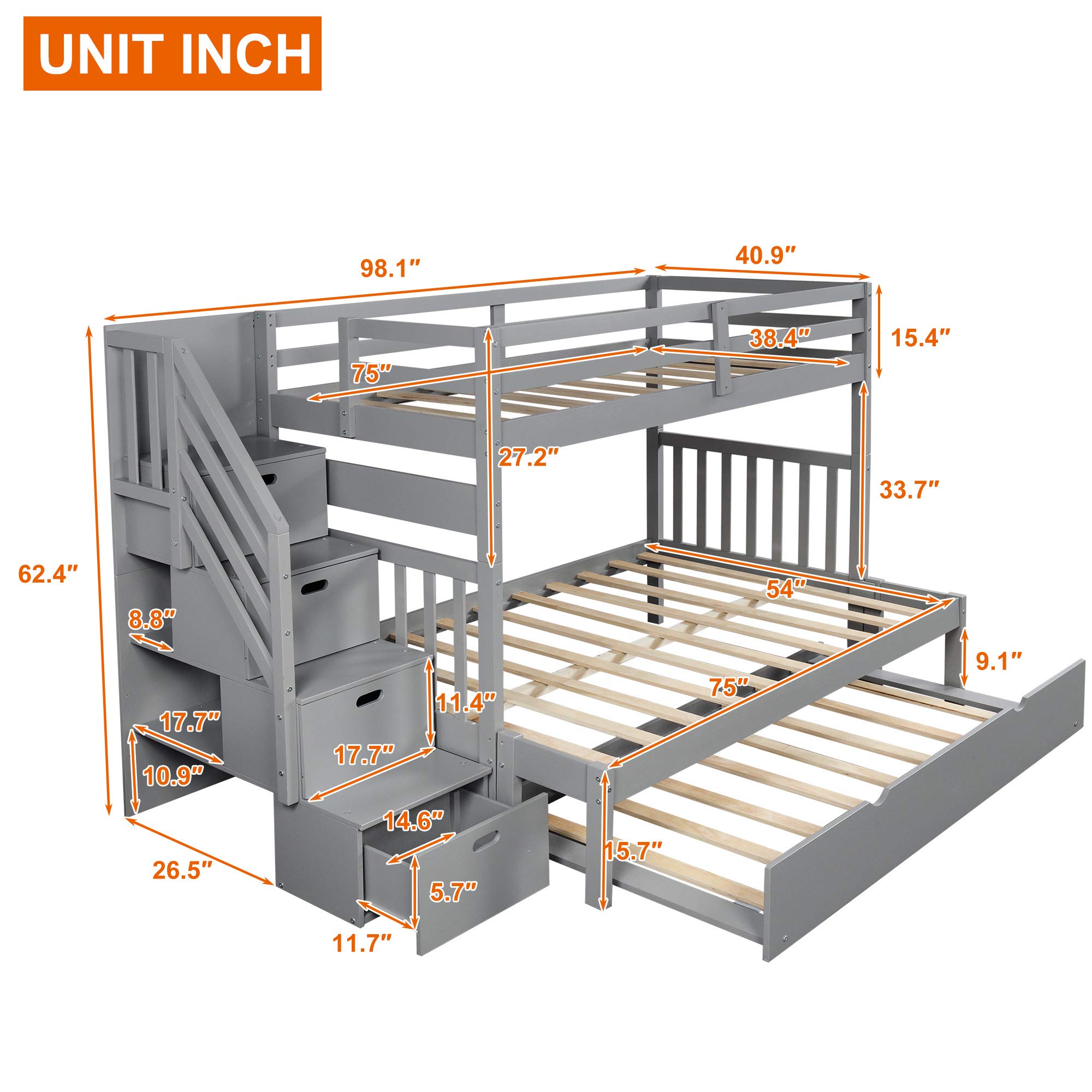 SOFTSEA Twin Over Twin Bunk Beds with Trundle - Wooden Kids Bunk Bed with Stairs, Convertible Bottom Bed, No Box Spring Needed - Space-Saving Solution for Kids' Bedrooms, Guest Rooms & Small Spaces (Gray)
