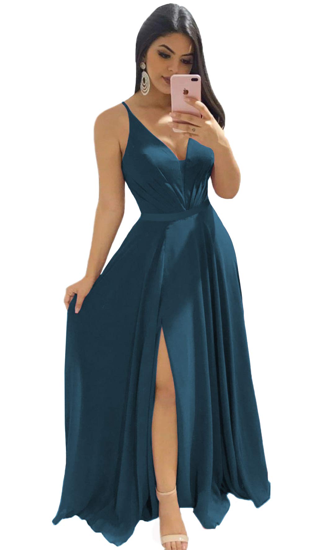 Clothfun Women's V-Neck Long A-Line Formal Bridesmaid Dress with Slit - Elegant Wedding Party Gown for Bridesmaids, Evening Events & Special Occasions (Style CF078)