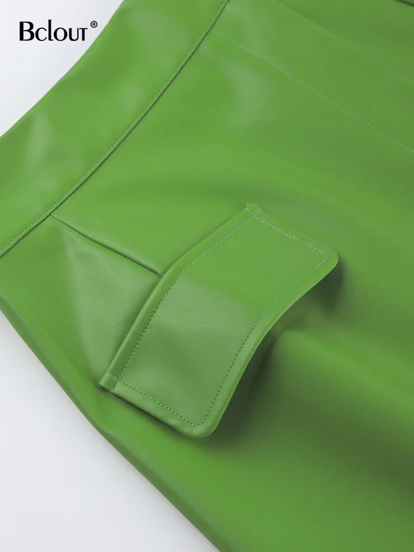 Bclout Women's Autumn Green Leather Mini Skirt - High Waist Elegant Office Patchwork Skirt | Y2K Fashion Trendy Short Skirt for Work, Party & Night Out