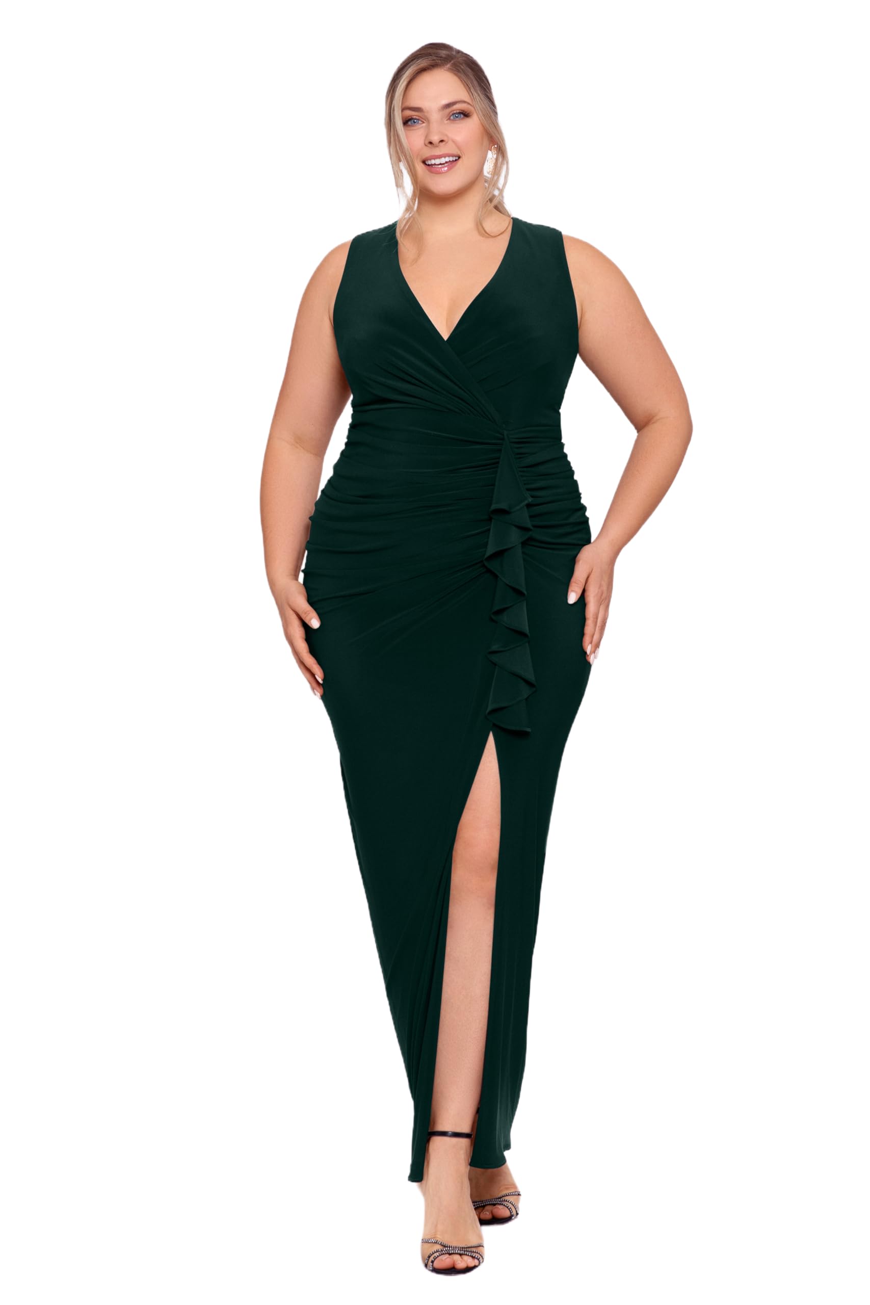 Betsy & Adam Women's Plus Size Sleeveless Stretchy V-Neck Ruched Wrap Dress - Elegant & Comfortable for Weddings, Parties & Special Occasions
