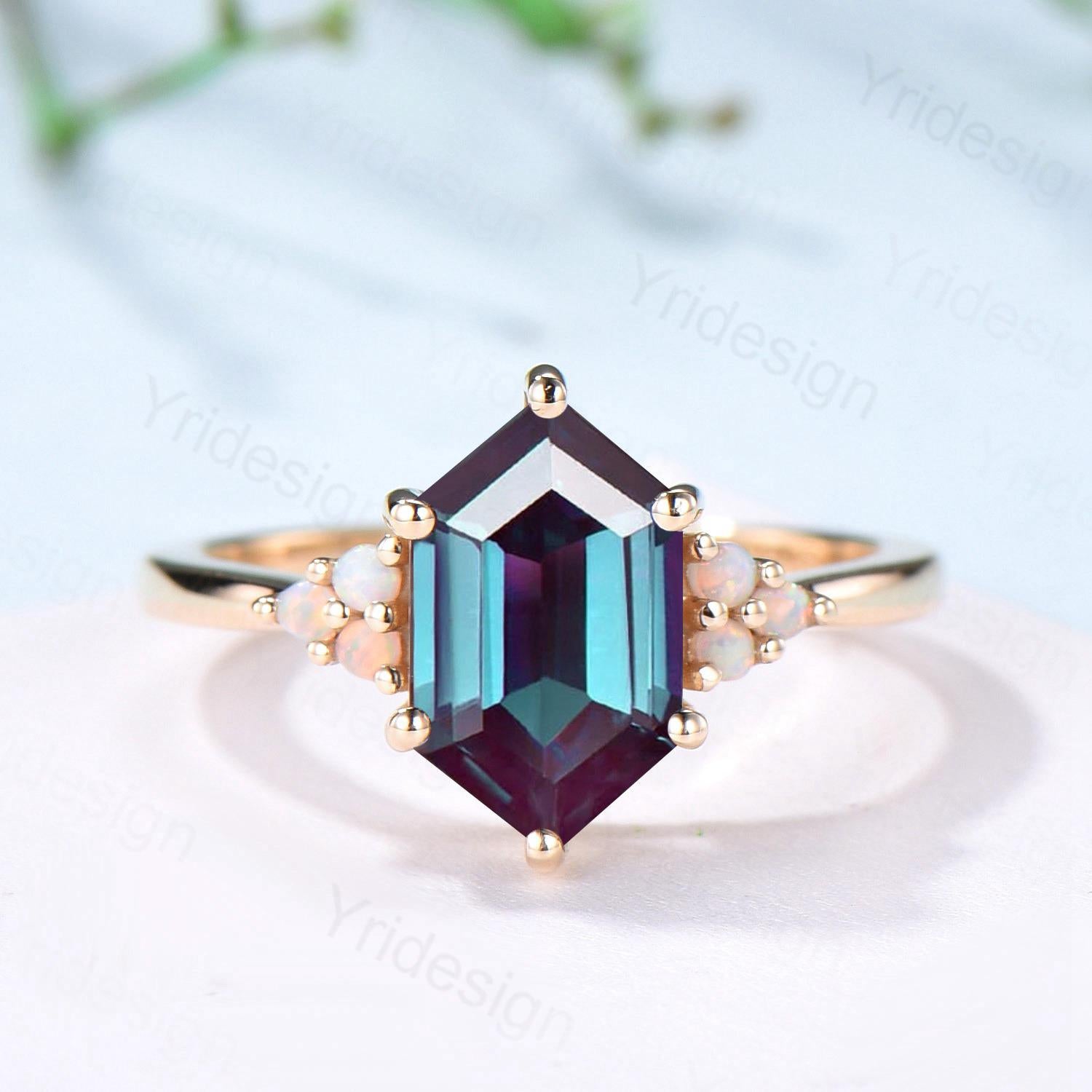 14K Yellow Gold Octavia Elongated Hexagon Alexandrite & Opal Cluster Engagement Ring for Women | Color Changing Anniversary Wedding Band | Perfect for Proposals, Bridal Jewelry & Special Occasions