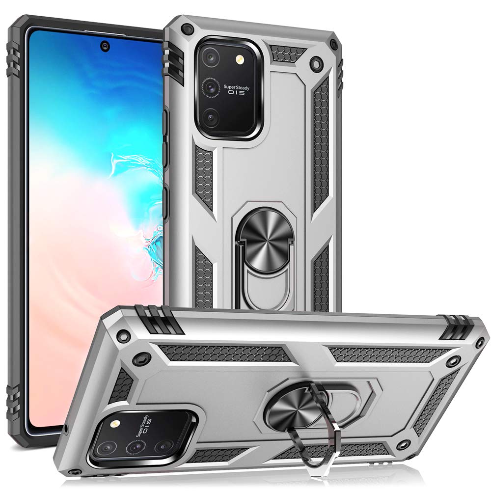 Shockproof NALIA Ring Cover for Samsung Galaxy S10 Lite - 360° Finger Holder with Kickstand | Protective Hard Case & Silicone Bumper | Magnetic Car Mount Compatible (Silver) - Perfect for Hands-Free Viewing, Secure Grip & On-the-Go Protection