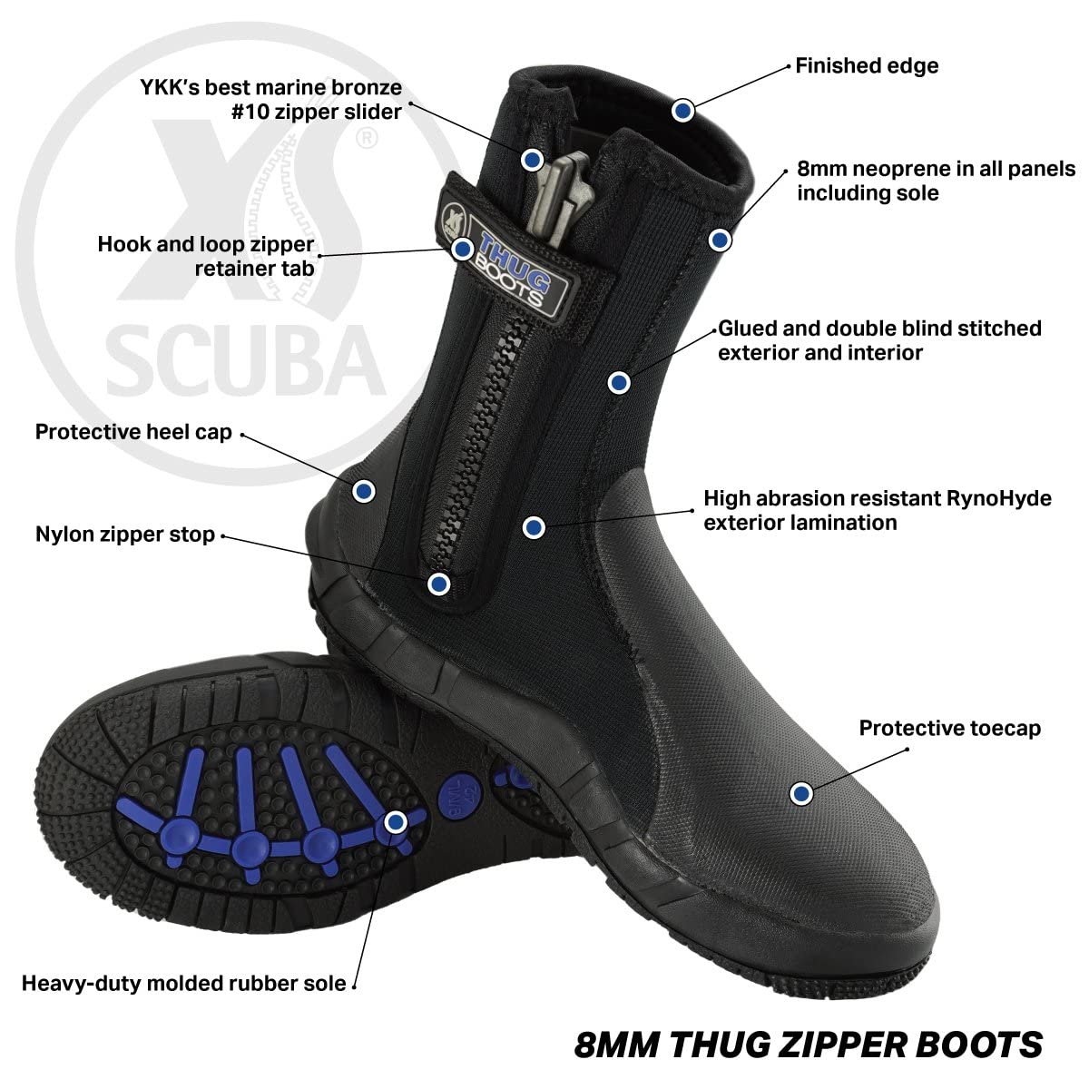 XS Scuba 8mm Thug Boots - Premium Neoprene Dive Boots for Scuba Diving, Snorkeling & Water Sports - Warm & Comfortable Footwear for Cold Water Adventures