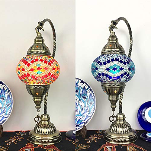 XINDAR Turkish Mosaic Table Lamp - Moroccan Glass Swan Neck Tiffany Bedside Night Light in Red | Perfect for Bedroom, Living Room & Office Decor