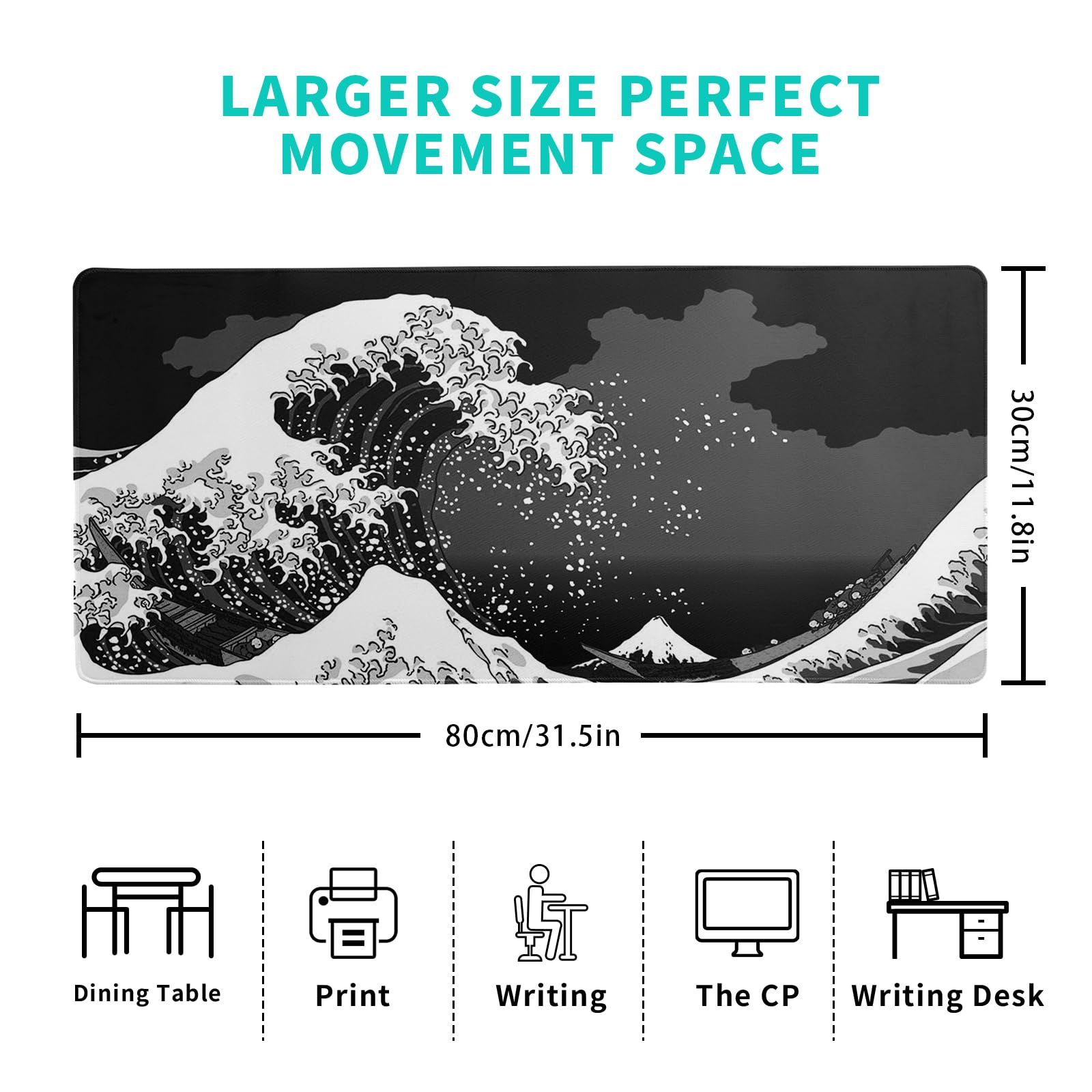 Premium Japanese Black Sea Wave Design Mouse Pad - Extra Large 31.5x11.8 Inch Gaming Mouse Mat with Non-Slip Rubber Base & Stitched Edges - Kanagawa Inspired XL Desk Mat for Keyboard & Mouse - Perfect for Home Office, PC Gaming, and Workstation Setup