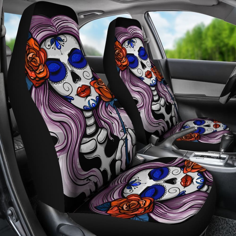 2 Pcs Sugar Skull Car Seat Covers for Women - Gothic Floral Design, Universal Fit for Most Vehicles - Perfect for Day of the Dead Decor & Biker Accessories