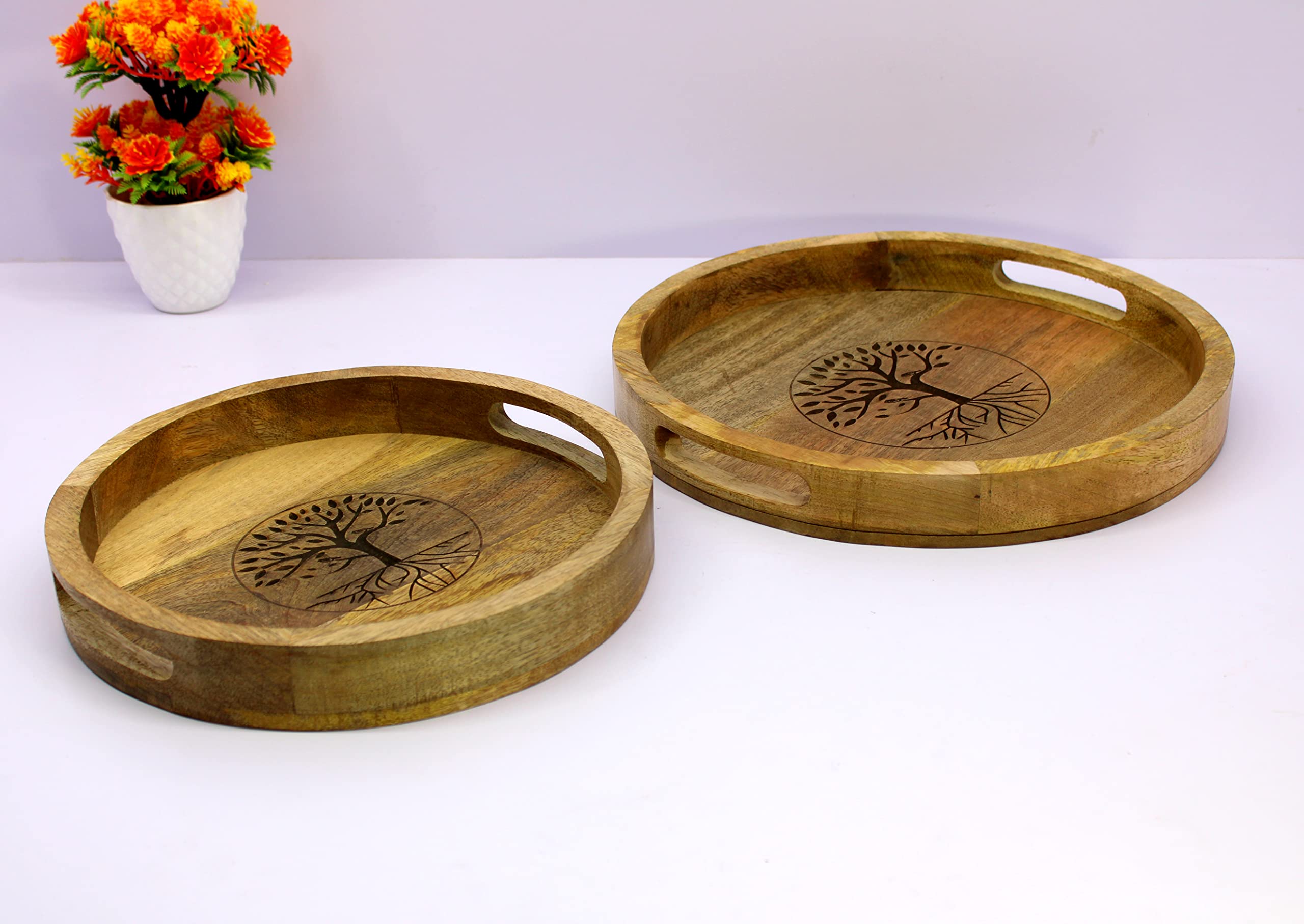 KLEO Wooden Engraved Round Serving Trays Set of 2 - 14