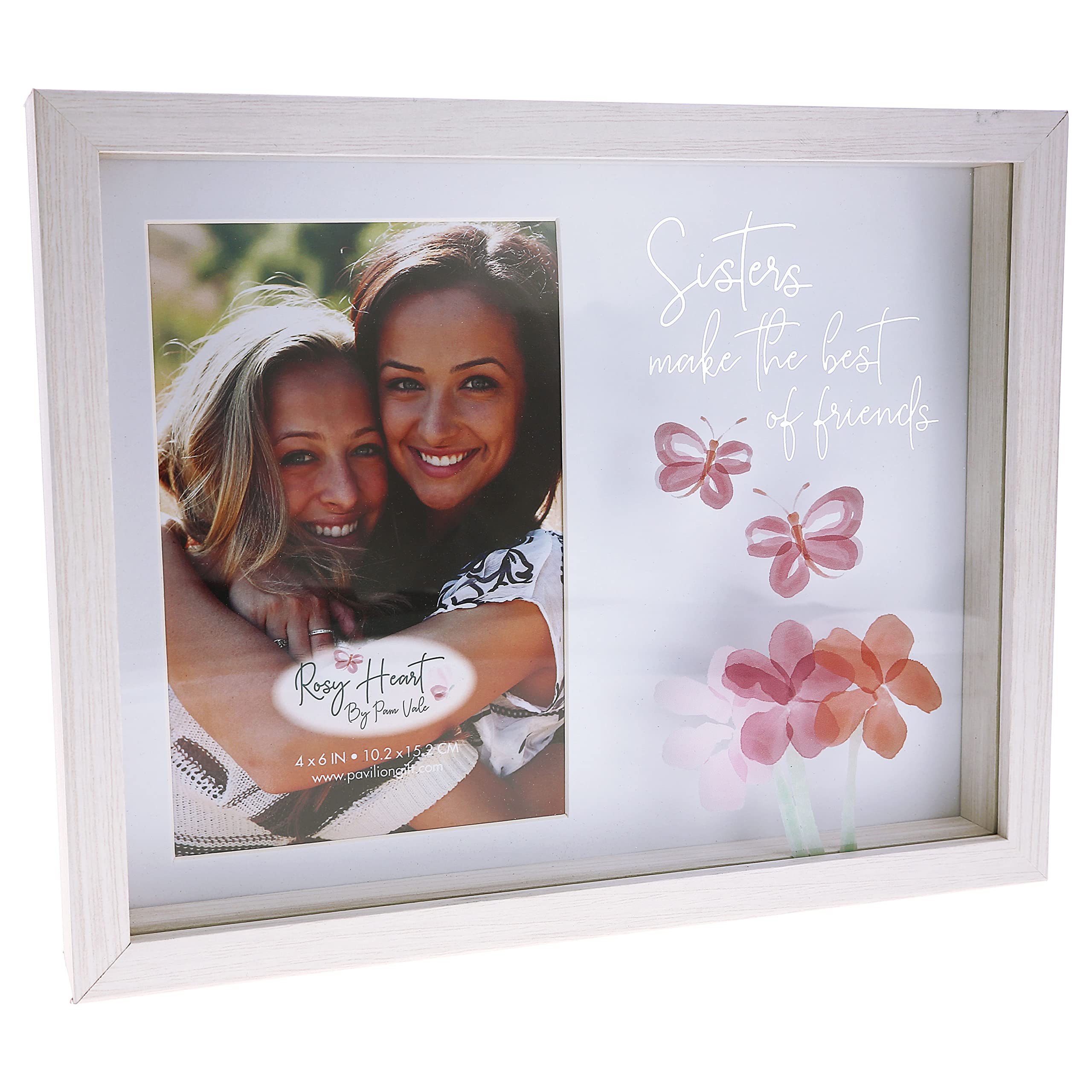Pavilion Sisters MDF & Glass Shadow Box Frame - Holds 4x6 Photo, Watercolor Floral Butterfly Design - 9.5x7.5 Inches - Perfect for Displaying Sister Memories in Bedrooms or Living Rooms
