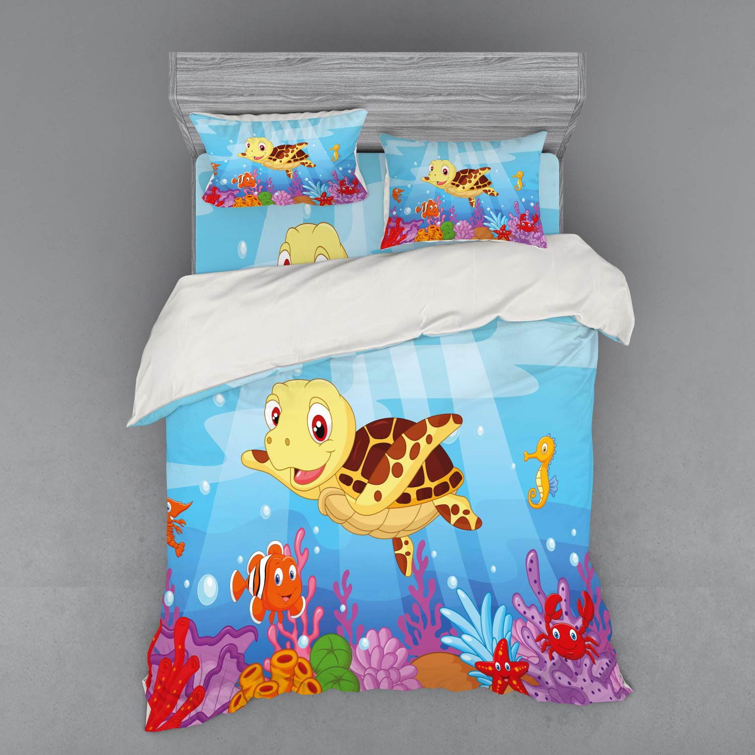 Ambesonne Turtle Queen Size 3-Piece Bedding Set - Underwater Sea Animals Turtle & Fish Pattern Duvet Cover with Sham & Fitted Sheet - Funny Style Multicolor - Perfect for Kids' Rooms, Beach Themed Decor & Ocean Lovers