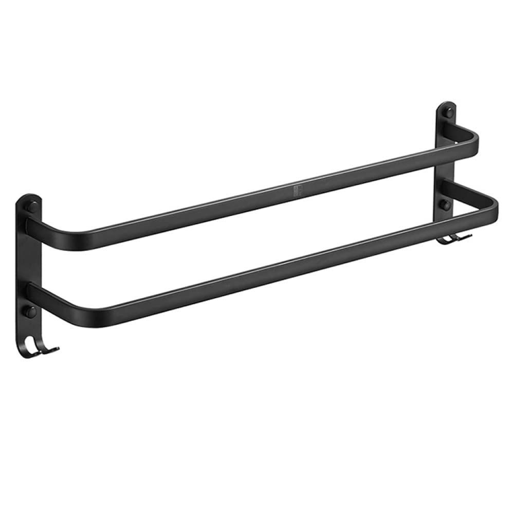 No Drill Wall Mounted Towel Rack - 20 Inch Black Aluminum Bathroom Towel Holder with Hooks - Double/Triple Bar Design for Bath Towels & Robes - Perfect for Small Spaces & Modern Bathrooms
