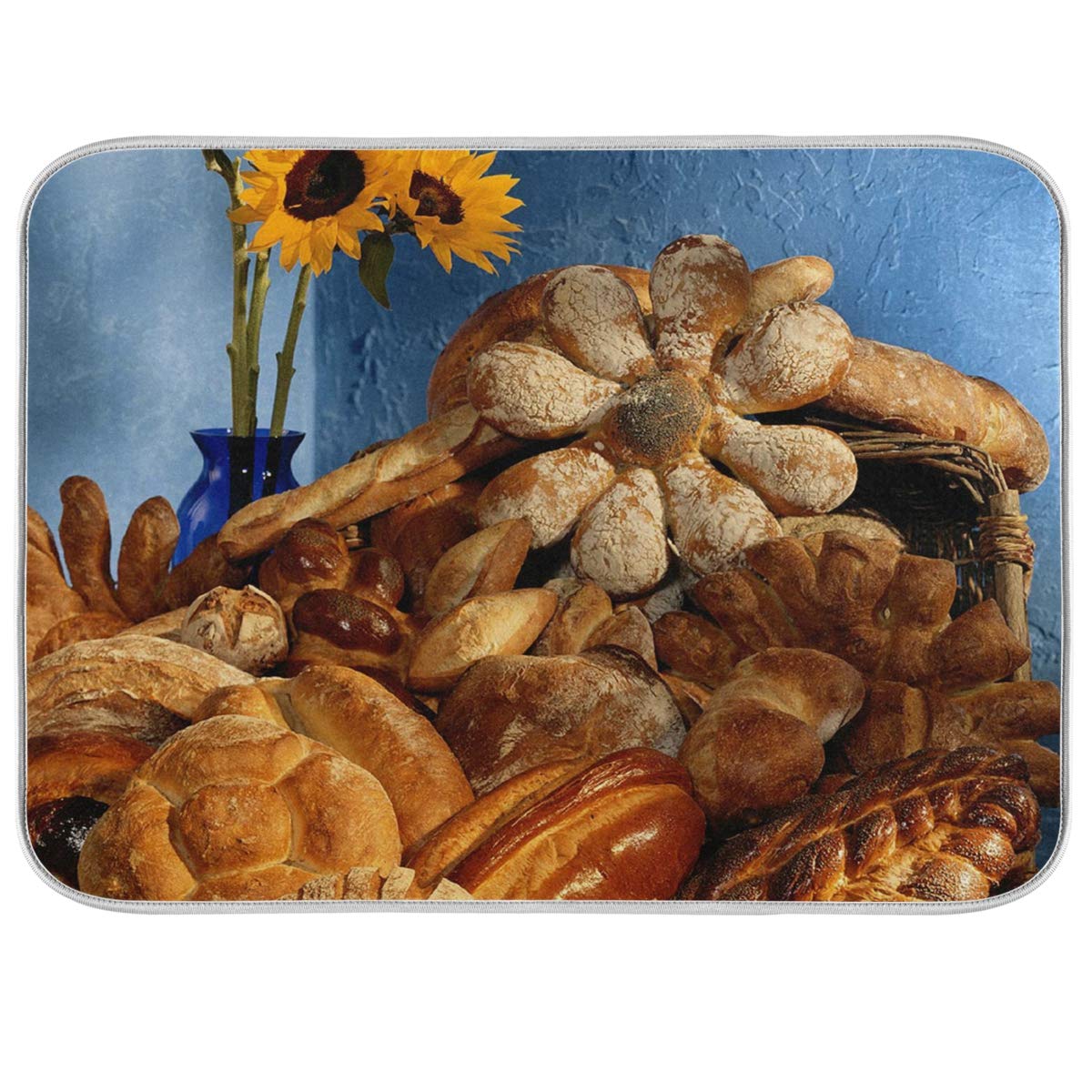 Sunflower Pattern Bread Sponge Drying Mat - Ultra Absorbent Reversible Microfiber Dish Drying Mat & Counter Protector (16x18 Inch) - Perfect for Kitchen Countertops, Sink Areas & Baking Stations