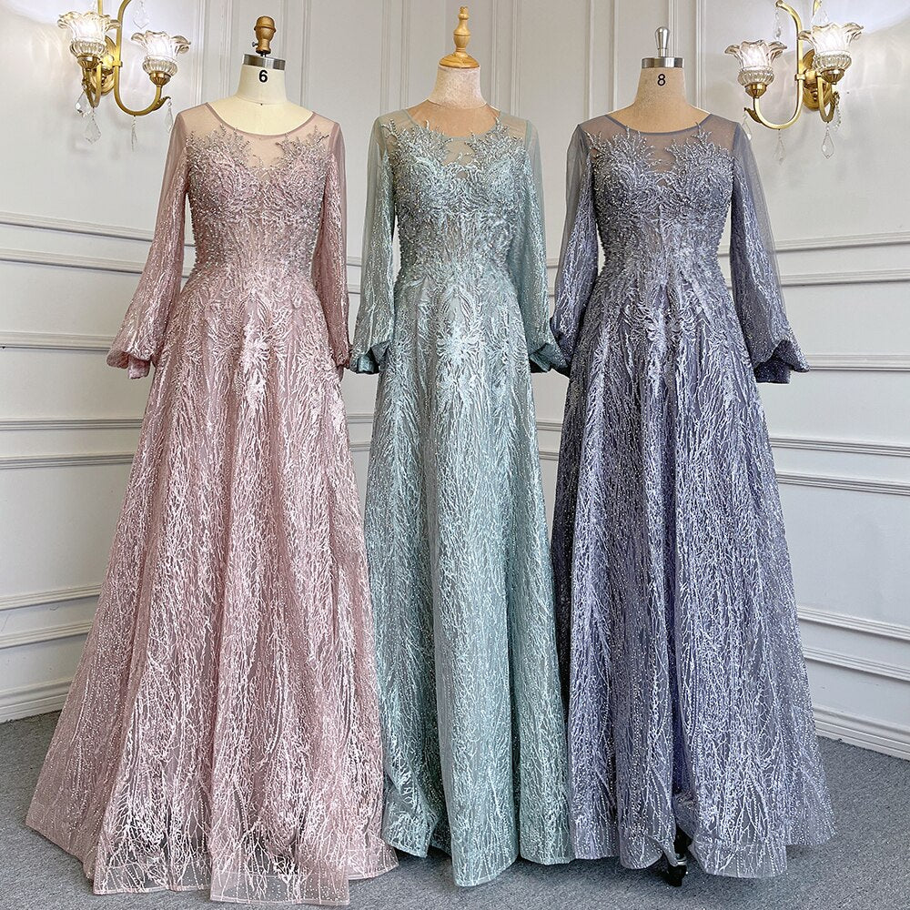 Luxury Blue Muslim A-Line Evening Dress with Crystal Beads for Women - Elegant O-Neck Gown for Wedding, Party & Special Occasions | Serene Hill Collection LA71700