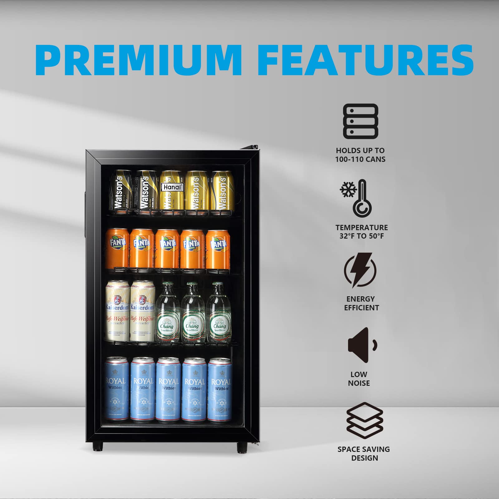 WANAI 125 Can Mini Fridge with Glass Door - Compact Beverage Cooler for Beer, Wine & Juice - Adjustable Shelves & LED Lighting - Perfect for Home, Office, Bar & Dorm Room Use