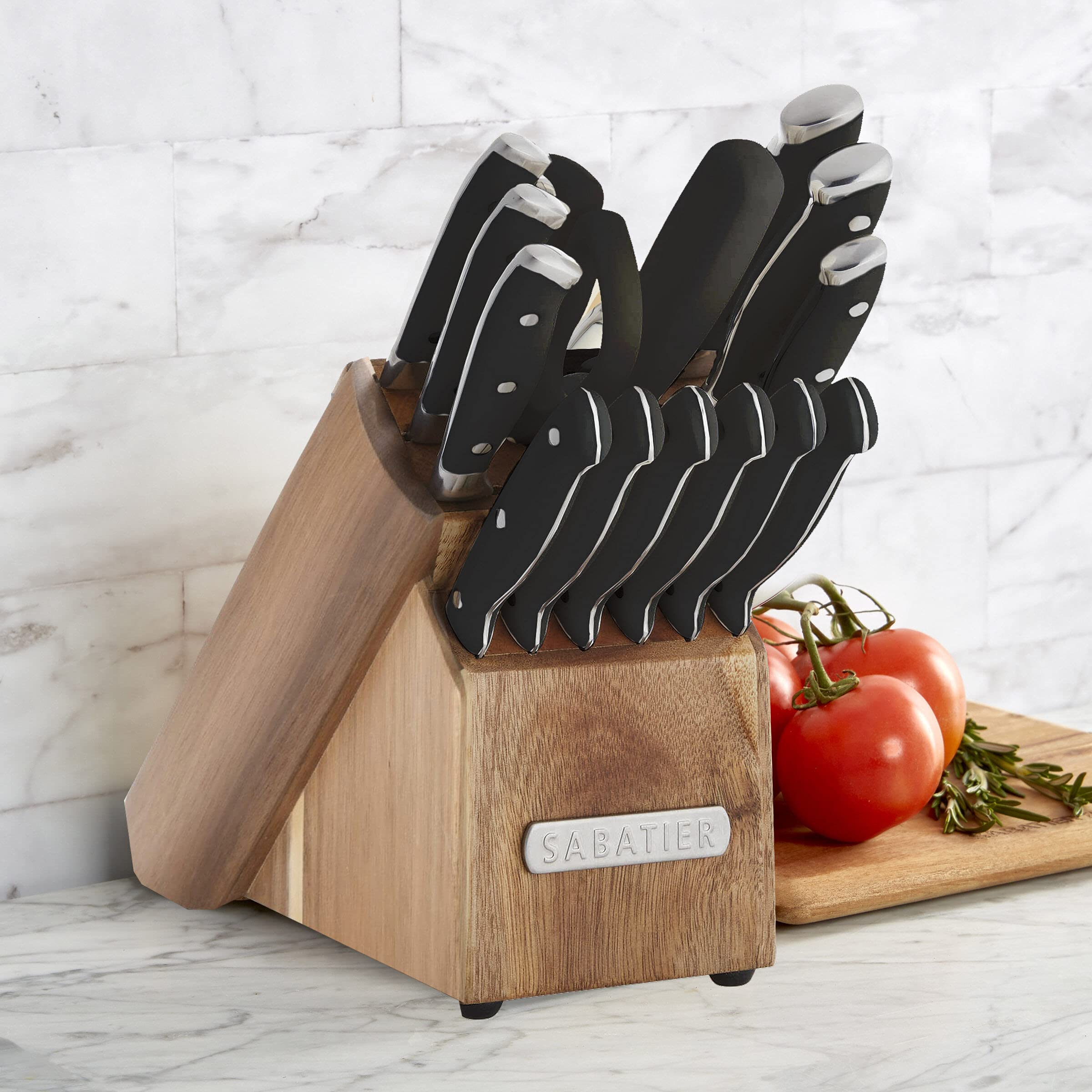 Sabatier 15-Piece Forged Knife Block Set - High-Carbon Stainless Steel Kitchen Knives with Triple Rivet Black Handles & Acacia Wood Block - Razor Sharp for Professional Chefs & Home Cooking