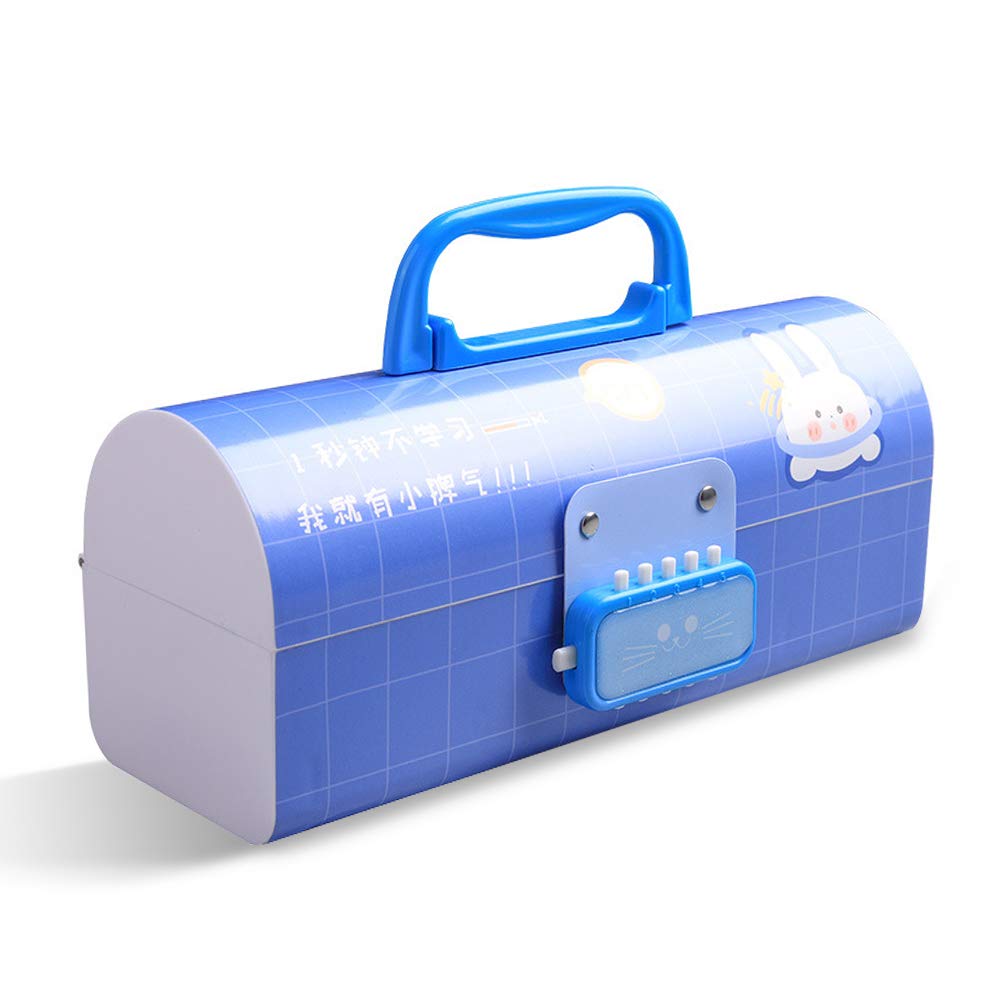 Japanese Cartoon Themed Multifunction Pencil Box with Double Password Lock - Large Capacity Plastic Stationery Organizer for Kids, Girls & Teens (Blue Plaid) - Perfect for School, Office & Travel Organization