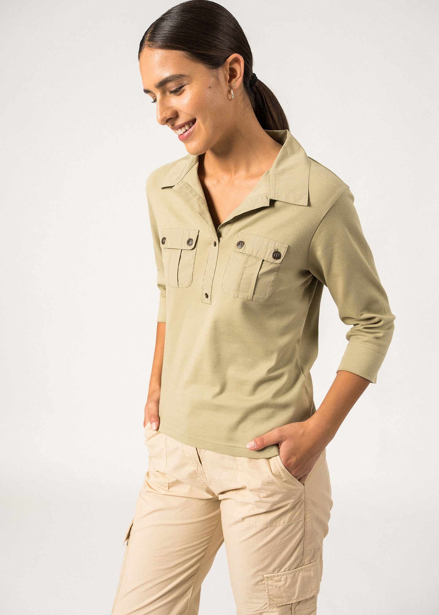 OLERON Men's 3/4 Sleeve Polo Shirt - 100% Cotton Comfort Fit Casual Shirt (Soft Almond) - Perfect for Golf, Office & Summer Outings