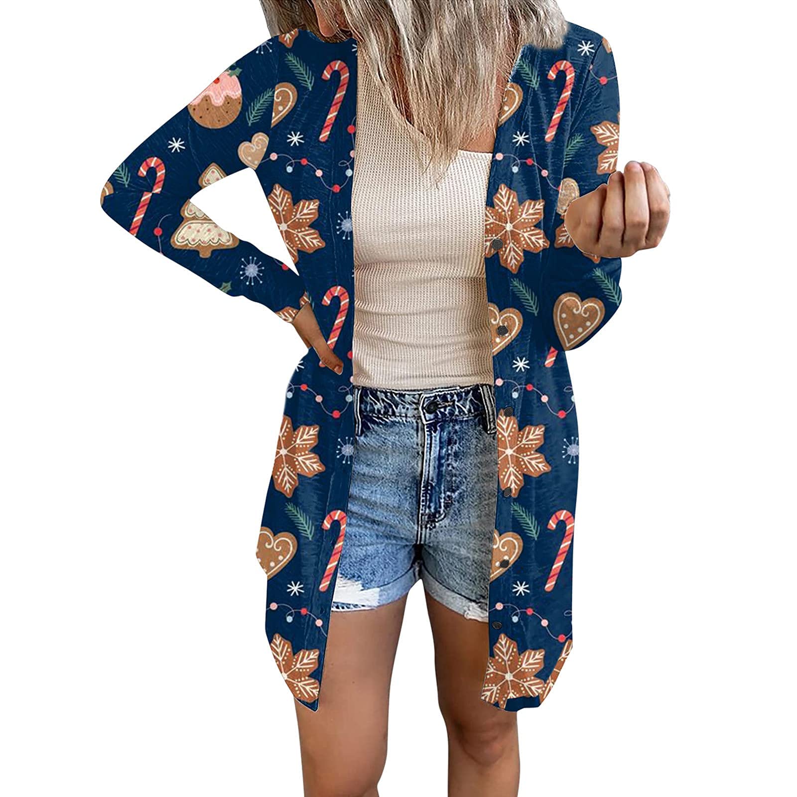 Women's Lightweight Long Sleeve Christmas Cardigan - Cozy Loose Fit Snowman Print Blouse for Holiday Parties & Winter Outfits