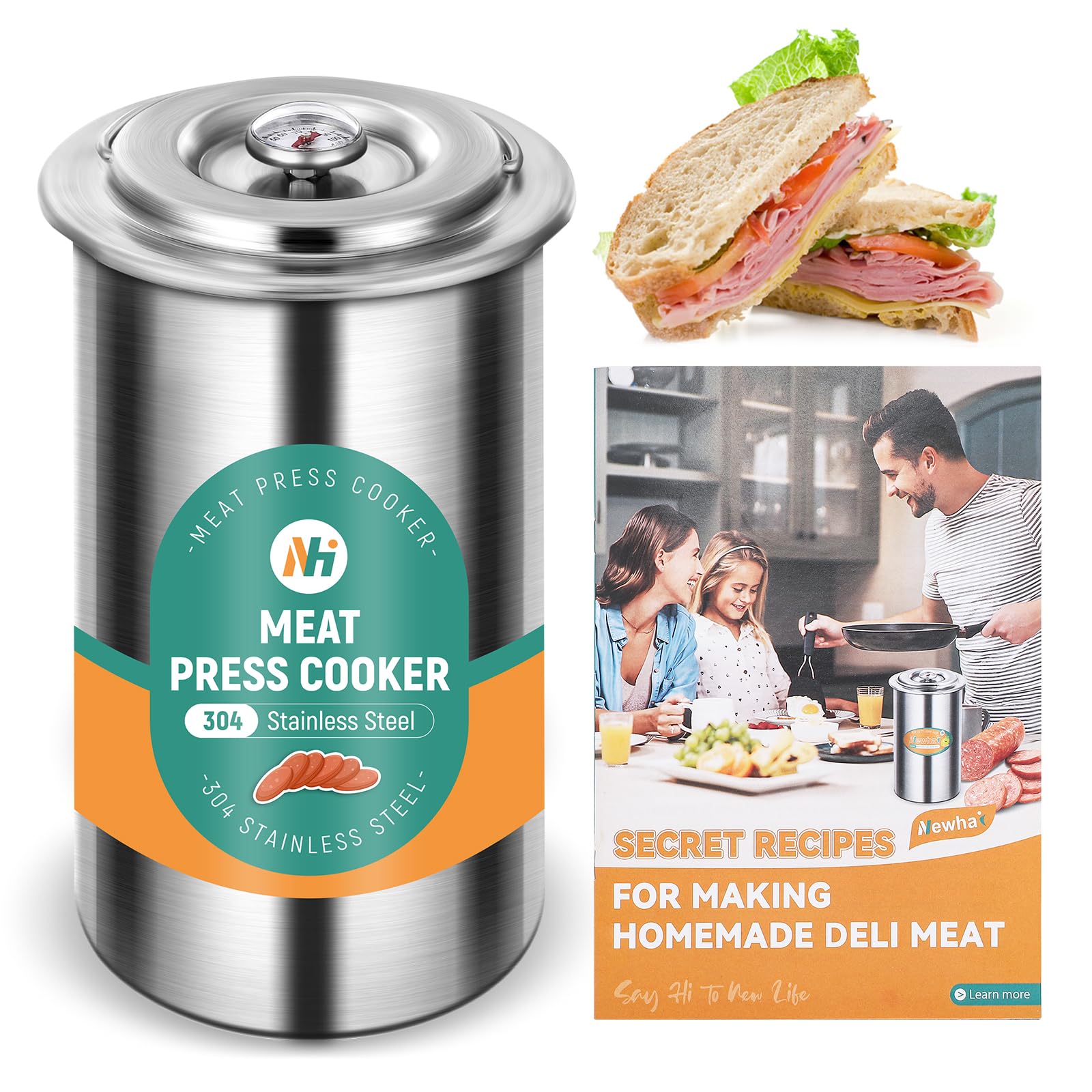 Premium Stainless Steel Ham Maker & Meat Press Tool - 5 Secret Recipes Included - Perfect for Homemade Deli Meals, Lunch Prep & Cooking with Thermometer - Ideal for Home Chefs & Meal Preppers