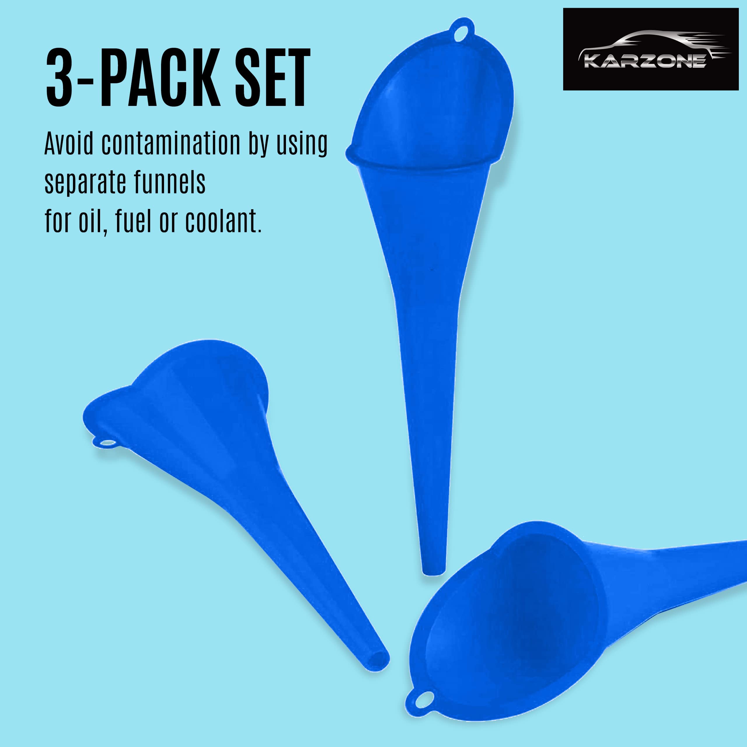 Premium Round Kitchen Funnel for Bottles, Jars & Containers - Heavy Duty Automotive Oil Funnel for Gas, Lubricants & Fluids - 12oz Oval Funnel (3-Pack, Blue) - Perfect for Cooking, Baking, DIY Projects & Car Maintenance