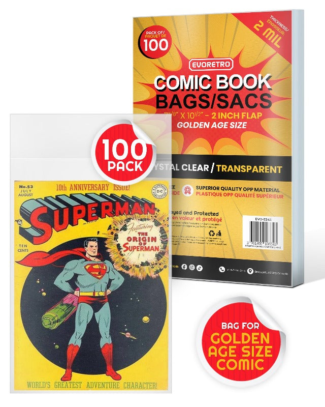 Evoretro 2 MIL Clear Comic Book Bags for Golden Age Comics - Acid-Free Archival Protection for Vintage Comic Storage & Display