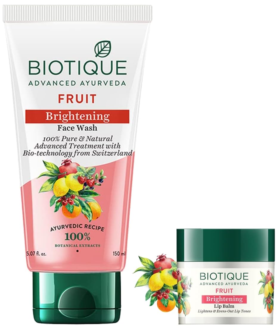 Biotique Bio Fruit Whitening Lip Balm 12g & Bio White Advanced Fairness Face Wash 150ml - Natural Skincare Set for Dry Lips & Brightening Facial Cleanser - Perfect for Daily Beauty Routine & Travel Skincare Essentials