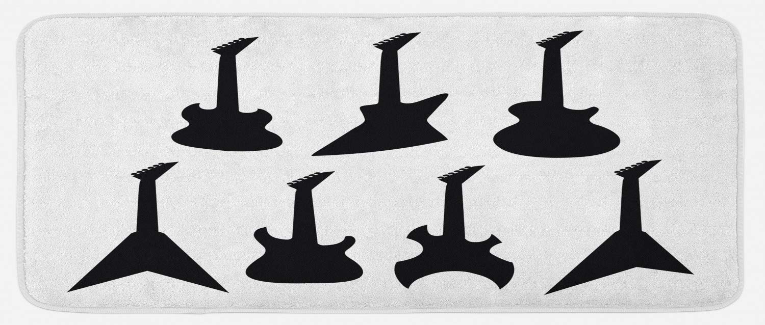 Ambesonne Non-Slip Kitchen Rug with Guitar Silhouettes - 47x19 Inch Plush Music Themed Mat for Rock Fans, Black & White Acoustic Bass Guitar Design - Perfect for Kitchens, Music Rooms & Band Rehearsal Spaces