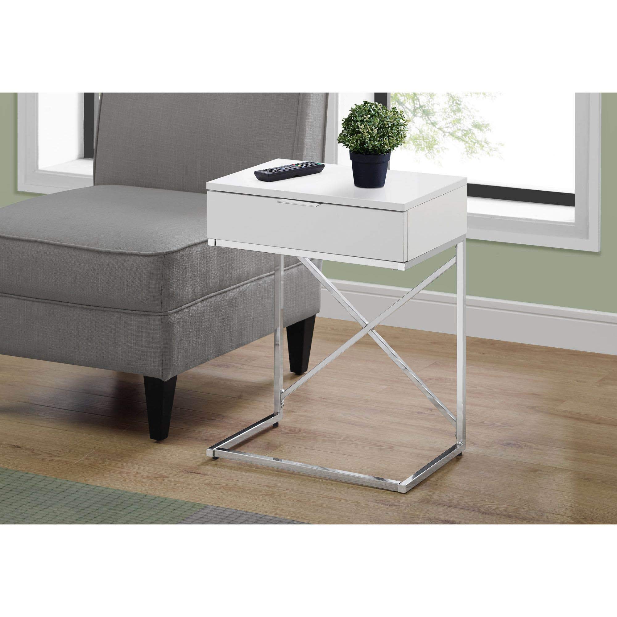 Offex 24 Inch Height Modern White Rectangular Accent Side Table with Chrome Metal Base - Perfect for Living Room, Bedroom or Office Decor