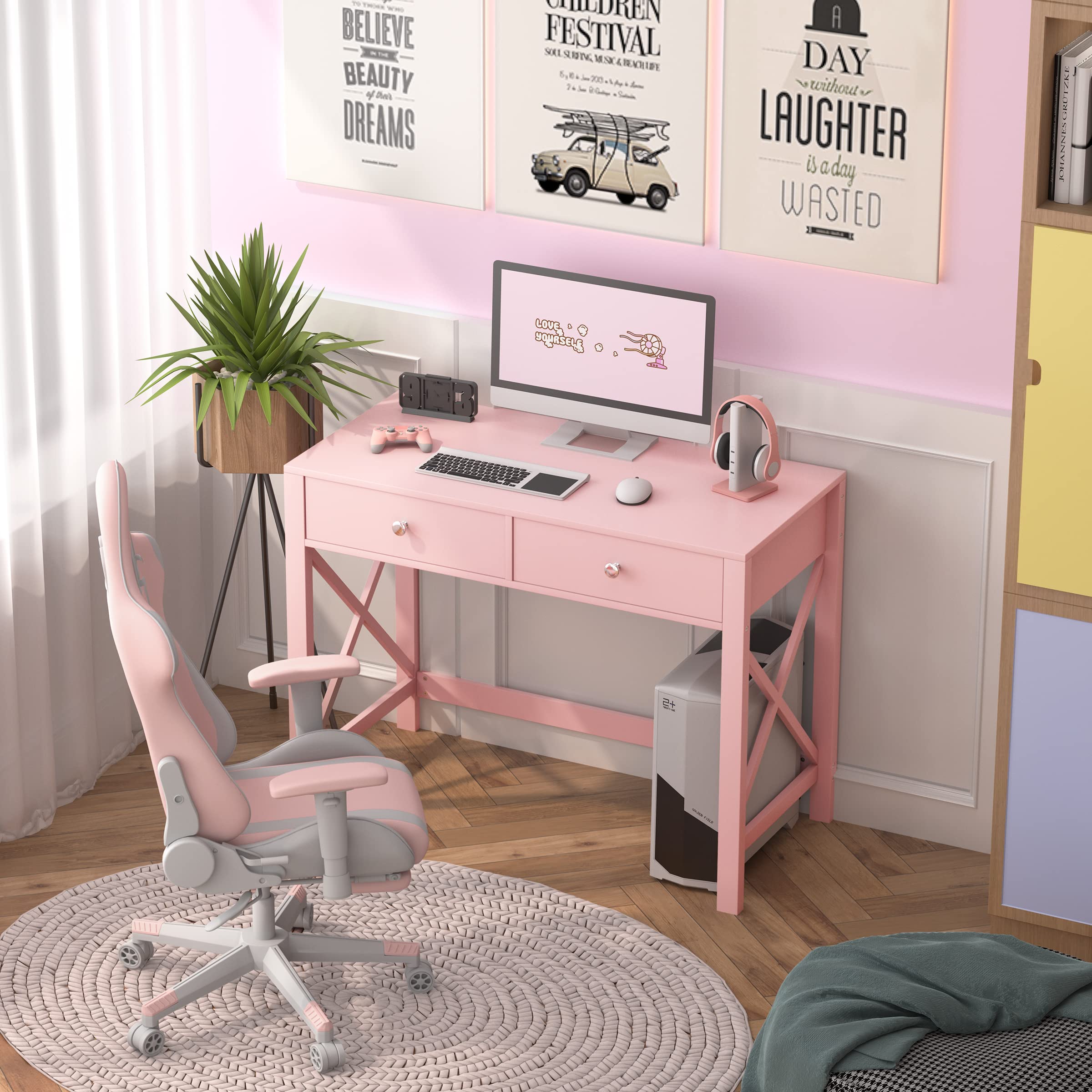 Modern Pink Home Office Desk with Drawers - WiberWi Small Writing Computer Desk & Study Table for Bedroom, Girls Makeup Vanity | Perfect for Remote Work, Online Classes & Beauty Routine Organization