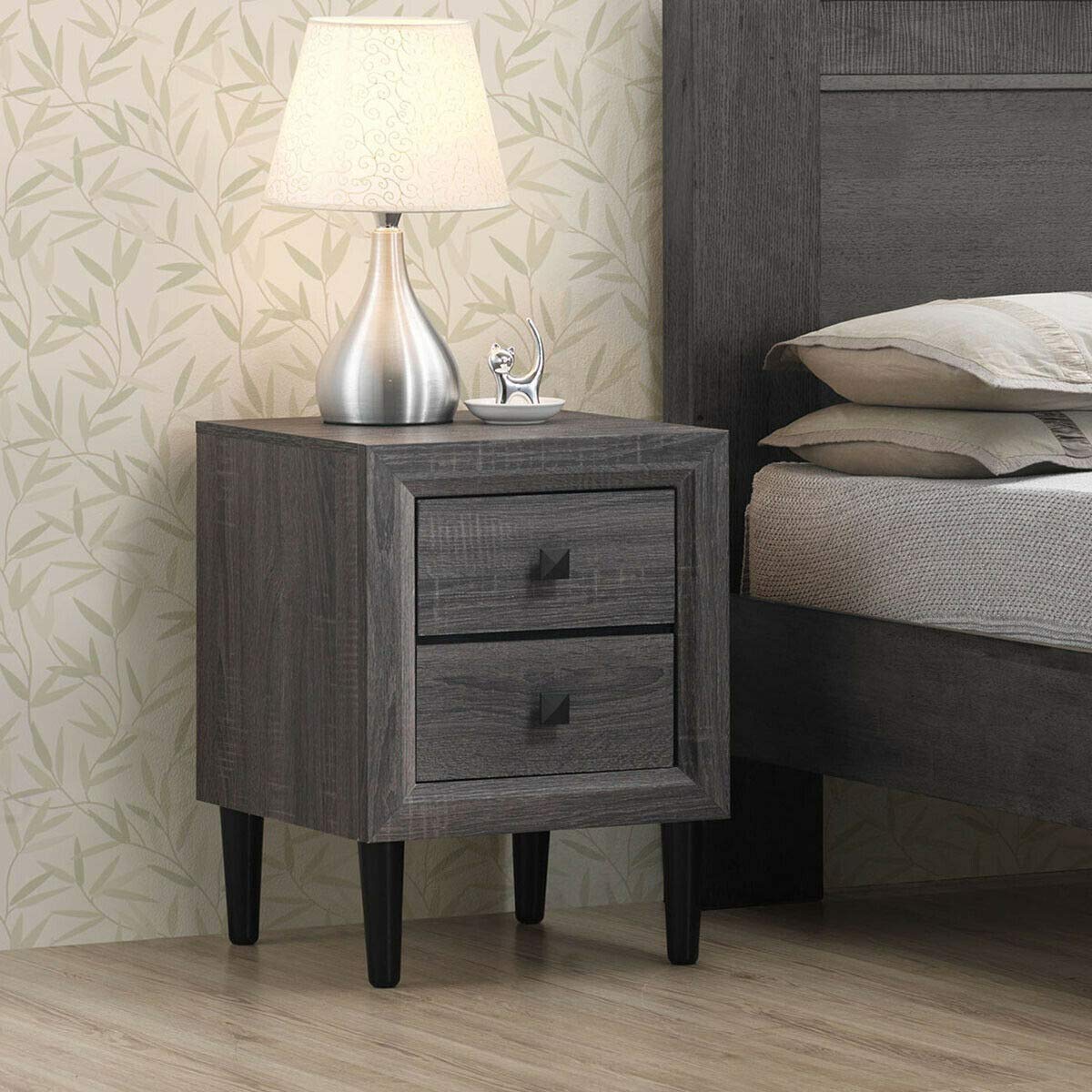 Caraya Retro Nightstand Set of 2 - Grey Space-Saving Bedside Table with 2 Sliding Drawers for Bedroom, Living Room & Office Storage | Multipurpose Side Table for Small Spaces