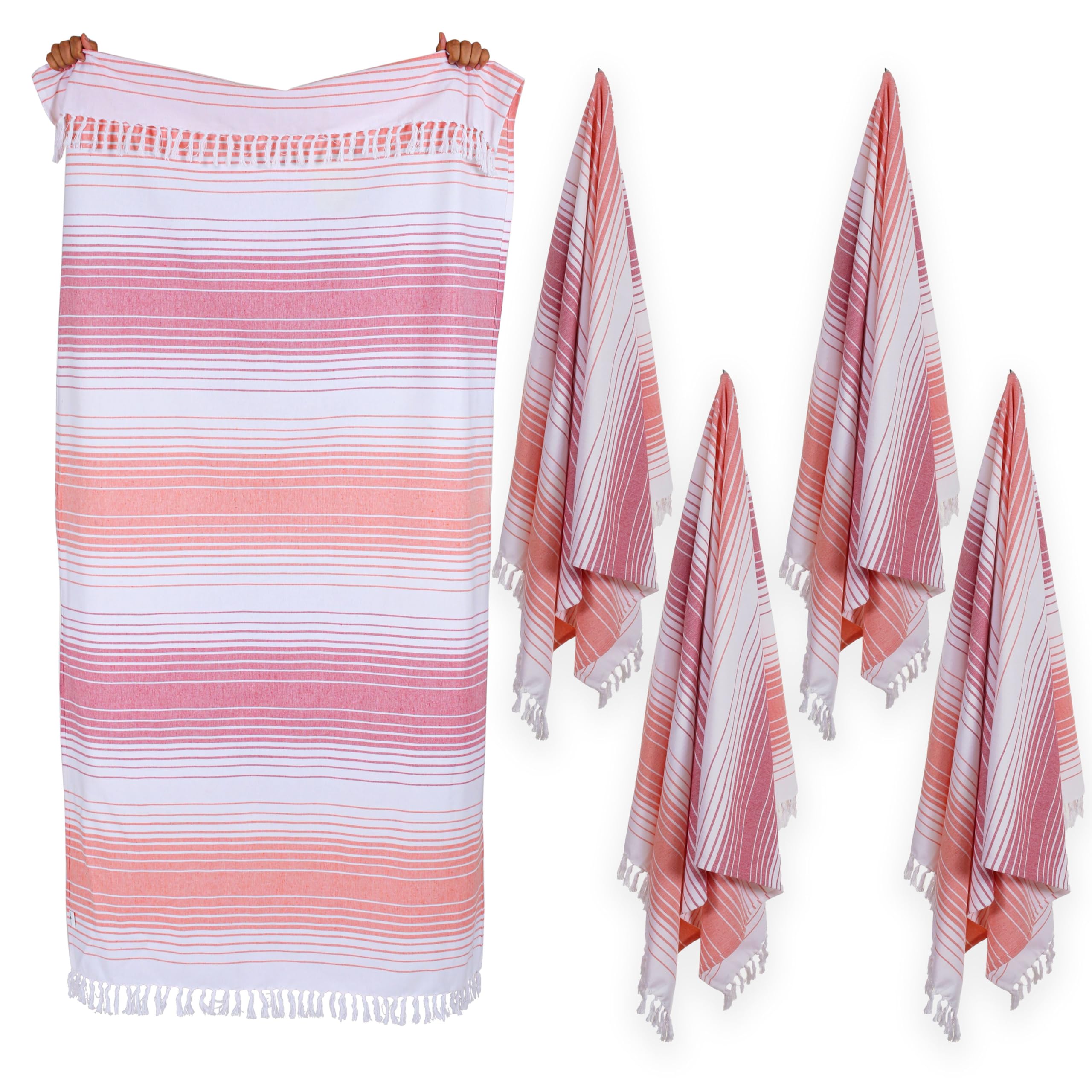 **4 Pack Oversized Beach Towels 40x71 Inches - 100% Cotton Turkish Peshtemal for Adults, Soft & Absorbent - Extra Large Hammam Spa, Beach Blanket, Bath Towel - Cabana Stripes in Red & Orange - Perfect for Pool, Travel & Yoga**