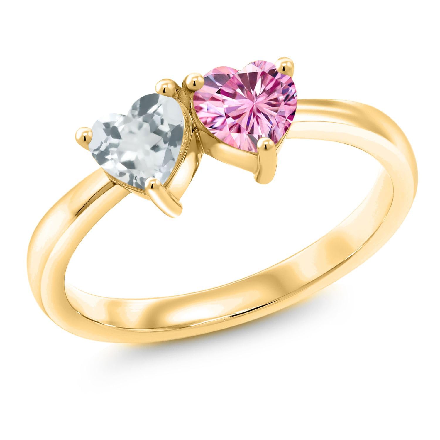 Gem Stone King 18K Yellow Gold Plated Silver Heart Shaped Ring with Sky Blue Aquamarine & Pink Moissanite (0.92 CTTW) - Perfect for Valentine's Day Gifts, Anniversary Presents & Romantic Occasions