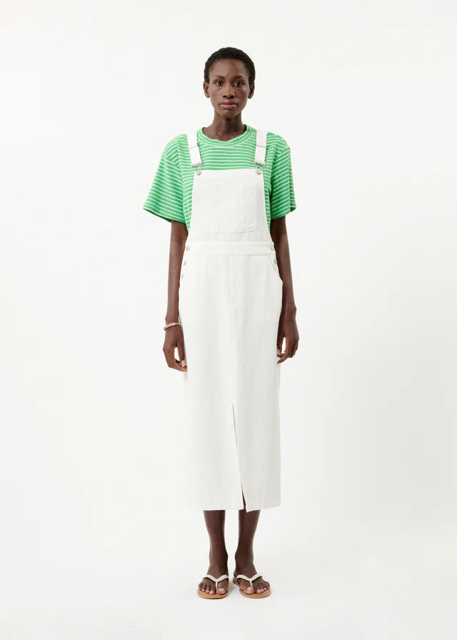Charlize Denim Dungaree Midi Dress for Women - White Casual Jumpsuit with Adjustable Straps | Perfect for Spring Outfits, Brunch Dates & Weekend Wear