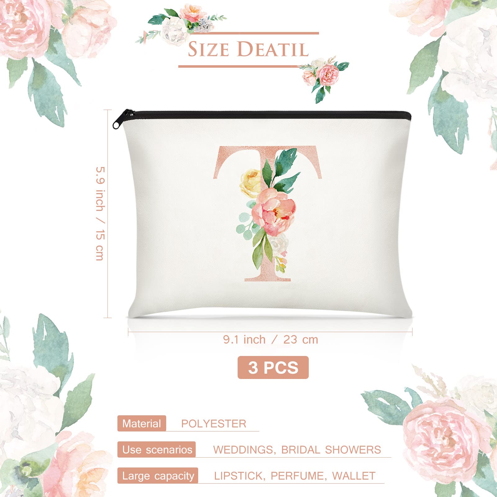 3-Piece Floral Monogram Makeup Bag Set - Personalized Cosmetic Pouch for Women, Brides, Teachers - 9x6 Inch Canvas Travel Organizer - Perfect for Weddings, Bridal Showers, Mother's Day & Birthday Gifts (T Style) - Ideal for Travel, Daily Use & Special Occasions