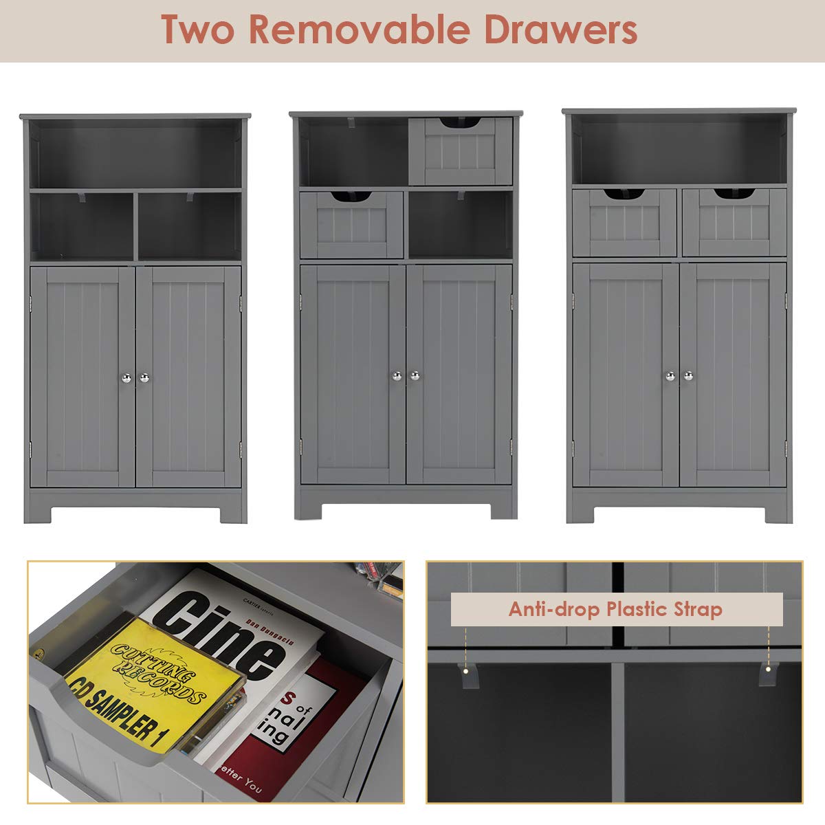 GLACER Multifunctional Floor Storage Cabinet with Removable Drawers & Adjustable Shelf - 24x12x43 Inches, Grey - Perfect for Bathroom Organization, Living Room Decor, Kitchen Storage & Entryway Solutions