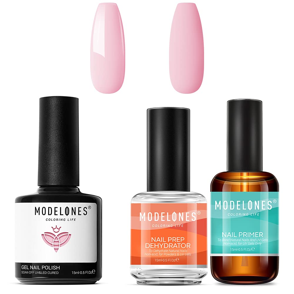 Modelones 3-Piece Nail Primer & Dehydrator Kit with Light Pink Gel Polish - Professional Nail Prep for Acrylic & Gel Manicures at Home or Salon