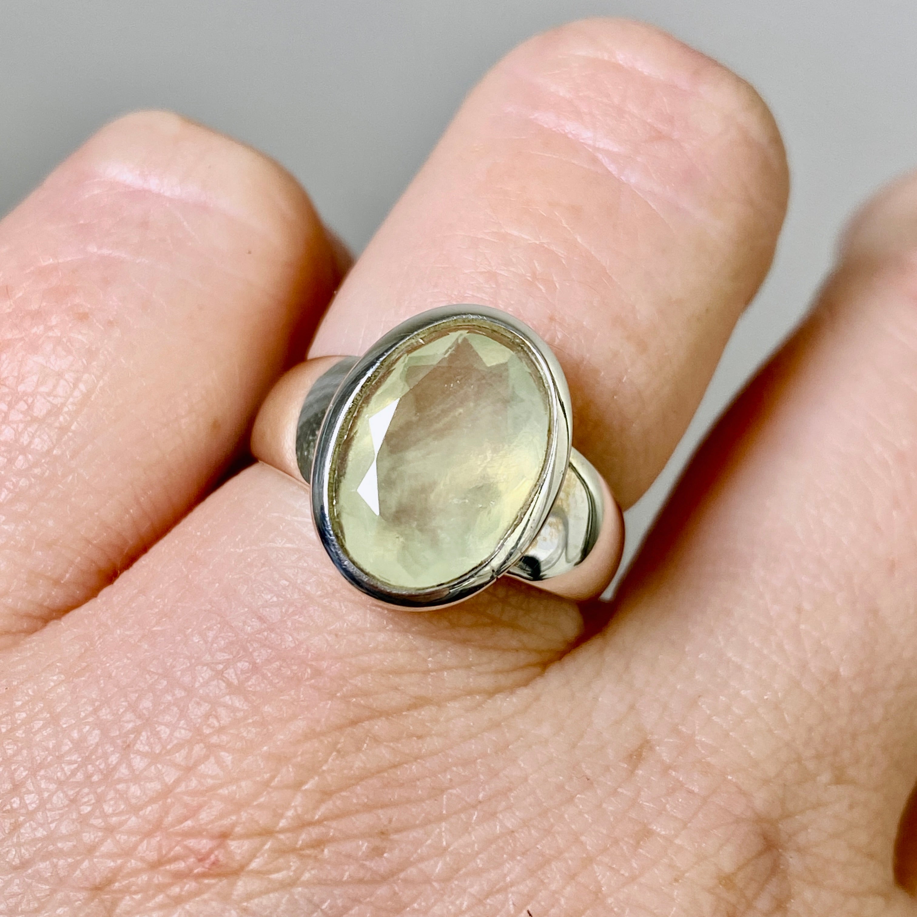 Prehnite Oval Faceted Ring Size 6.5 - Dainty Green Gemstone Jewelry for Women, Handmade Sterling Silver Engagement Ring - Perfect for Weddings, Anniversaries & Special Occasions