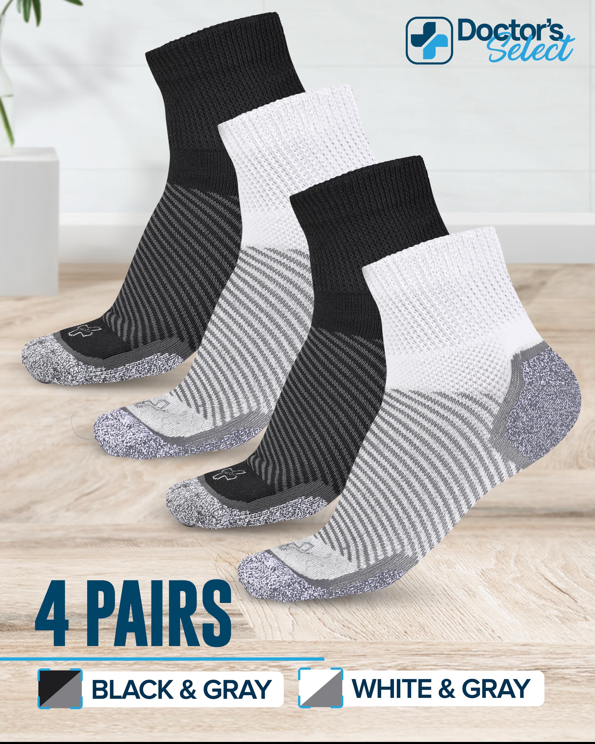 Doctor's Select Diabetic Ankle Socks for Women & Men - 4 Pairs | Breathable Cotton Neuropathy Socks for Circulation | Ideal for Diabetes, Swelling & Daily Comfort